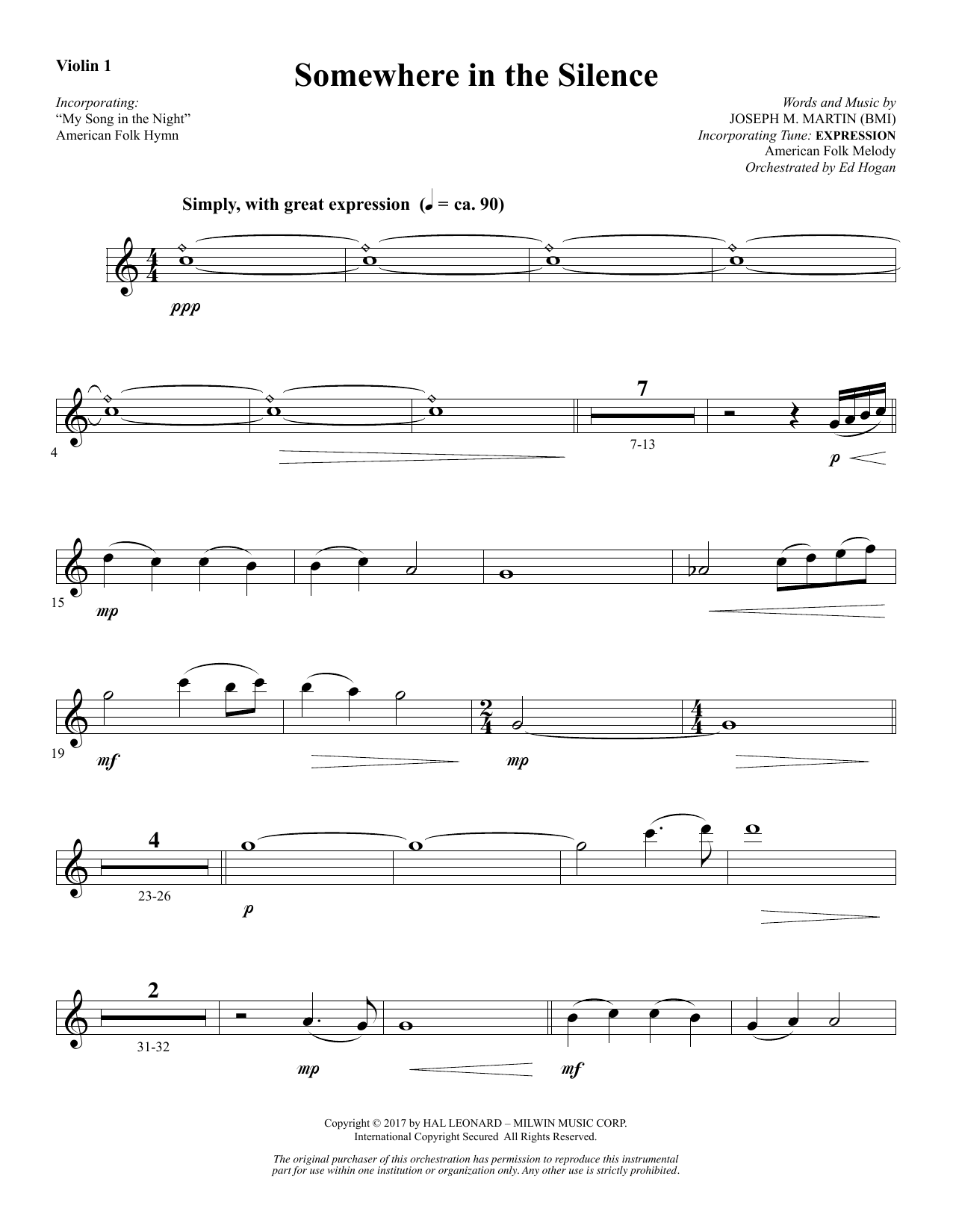Download Joseph M. Martin Somewhere in the Silence - Violin 1 Sheet Music