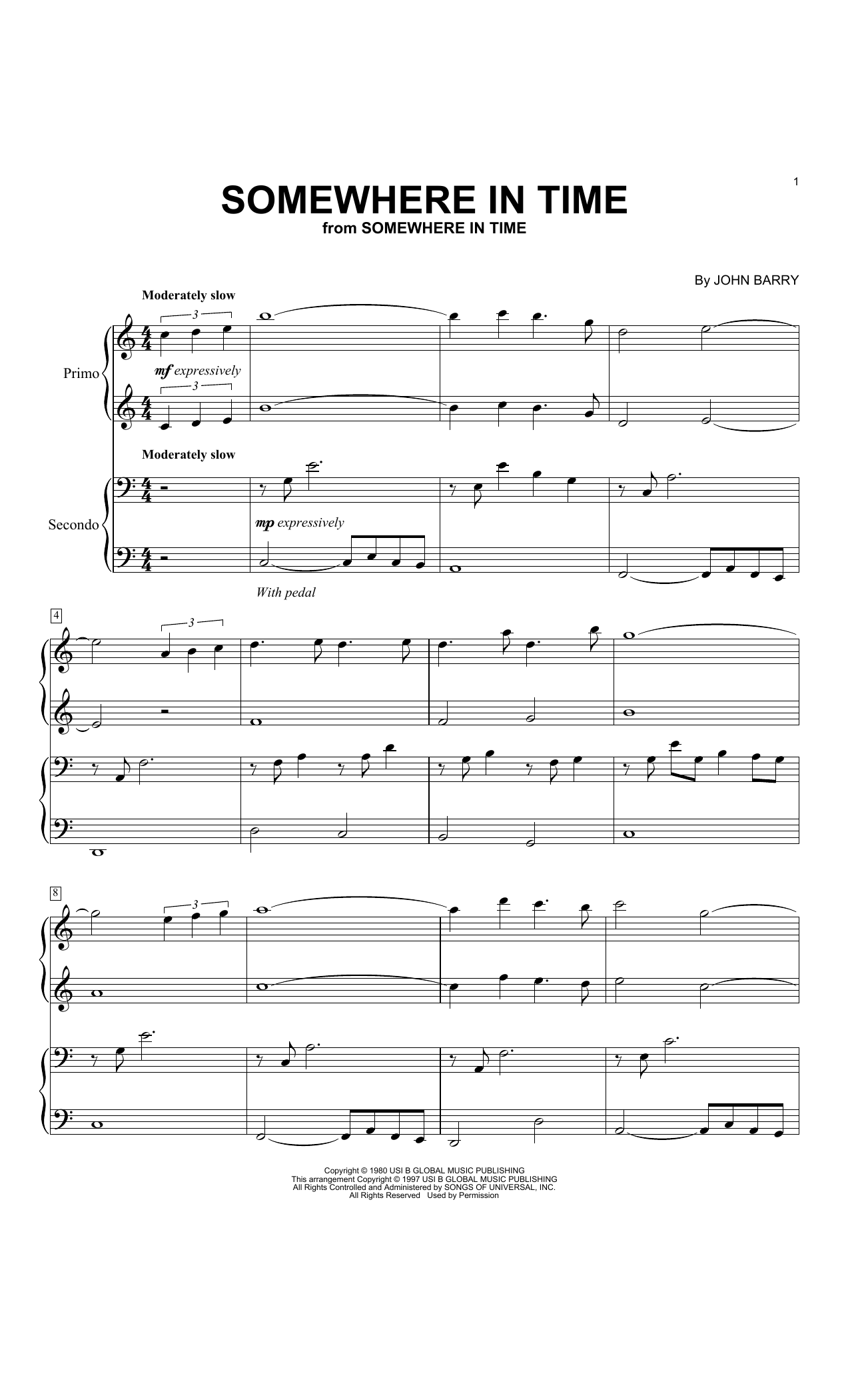 Download John Barry Somewhere In Time Sheet Music