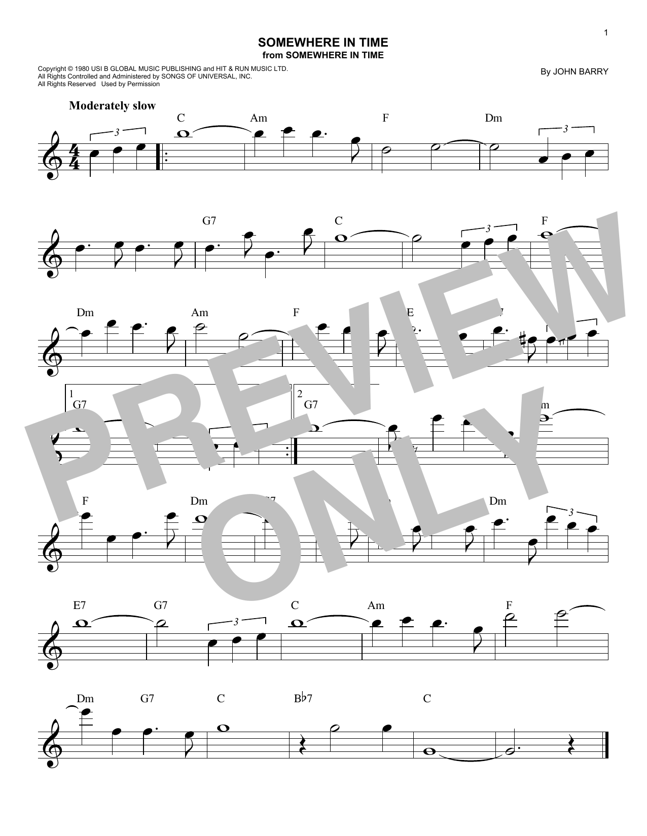 Download John Barry Somewhere In Time Sheet Music