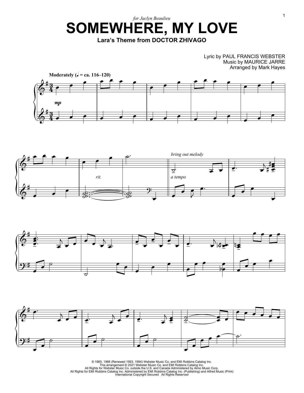 Download Paul Francis Webster Somewhere, My Love (Lara's Theme from D Sheet Music