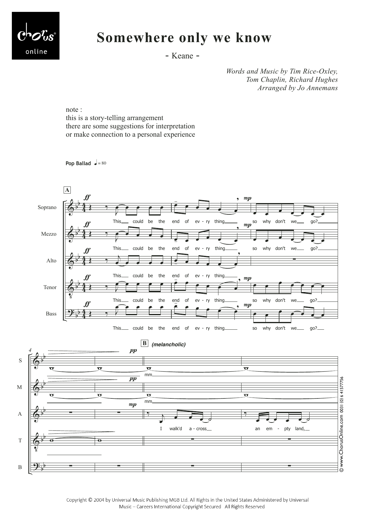 Keane Somewhere Only We Know (arr. Jo Annemans) sheet music notes printable PDF score