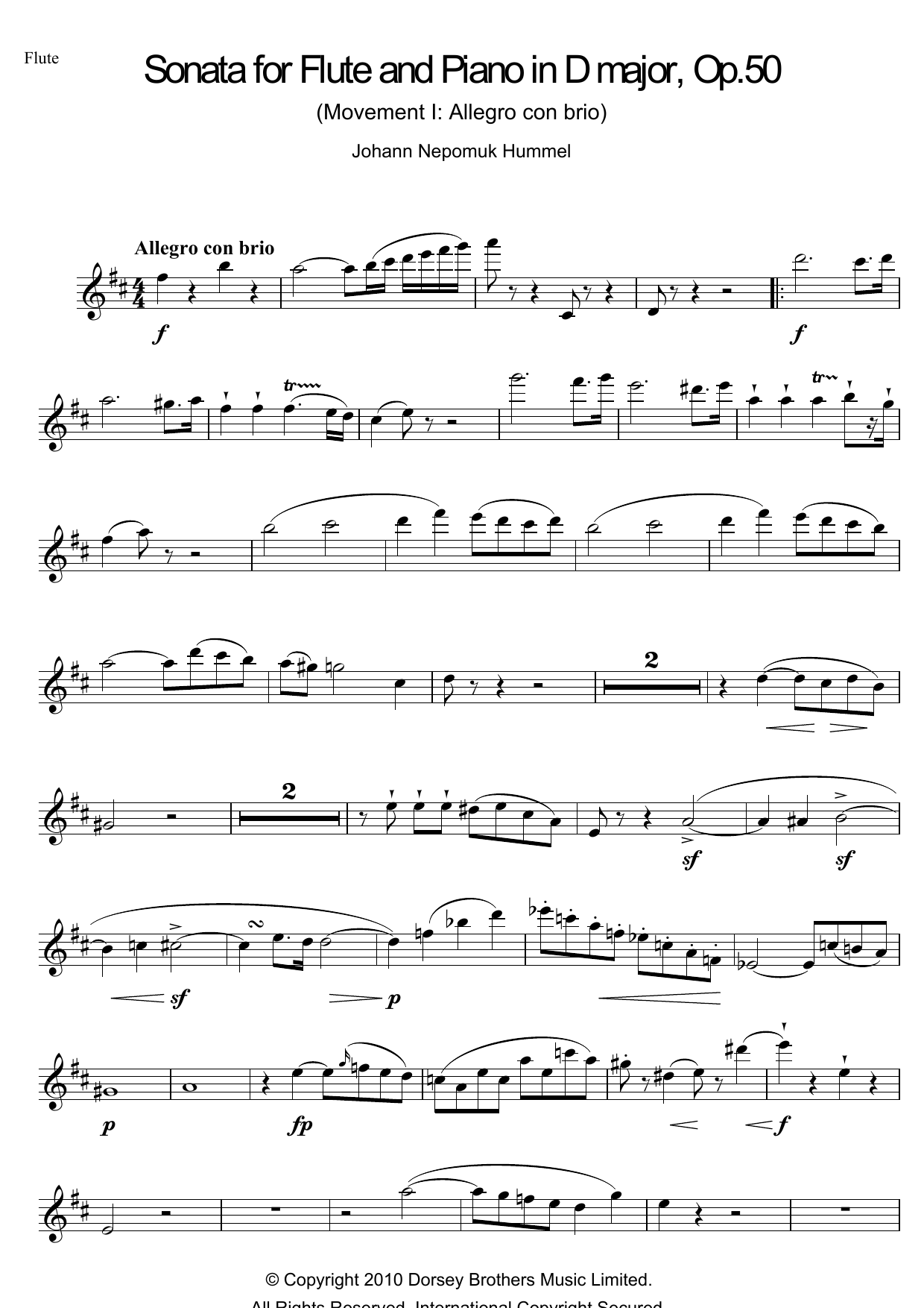 Download Johann Nepomuk Hummel Sonata For Flute And Piano In D Major, Sheet Music