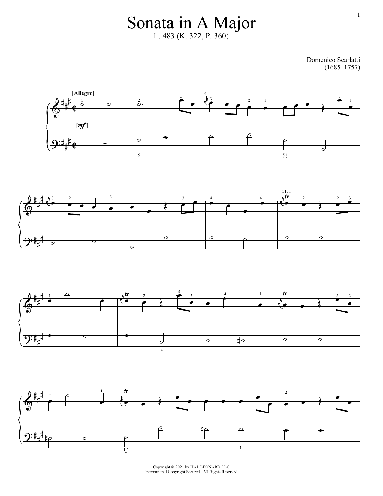 Download Domenico Scarlatti Sonata In A Major, L. 483 Sheet Music