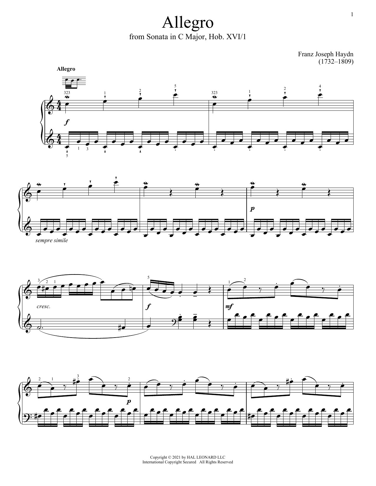 Download Franz Joseph Haydn Sonata In C Major, Hob. XVI: 1 Sheet Music