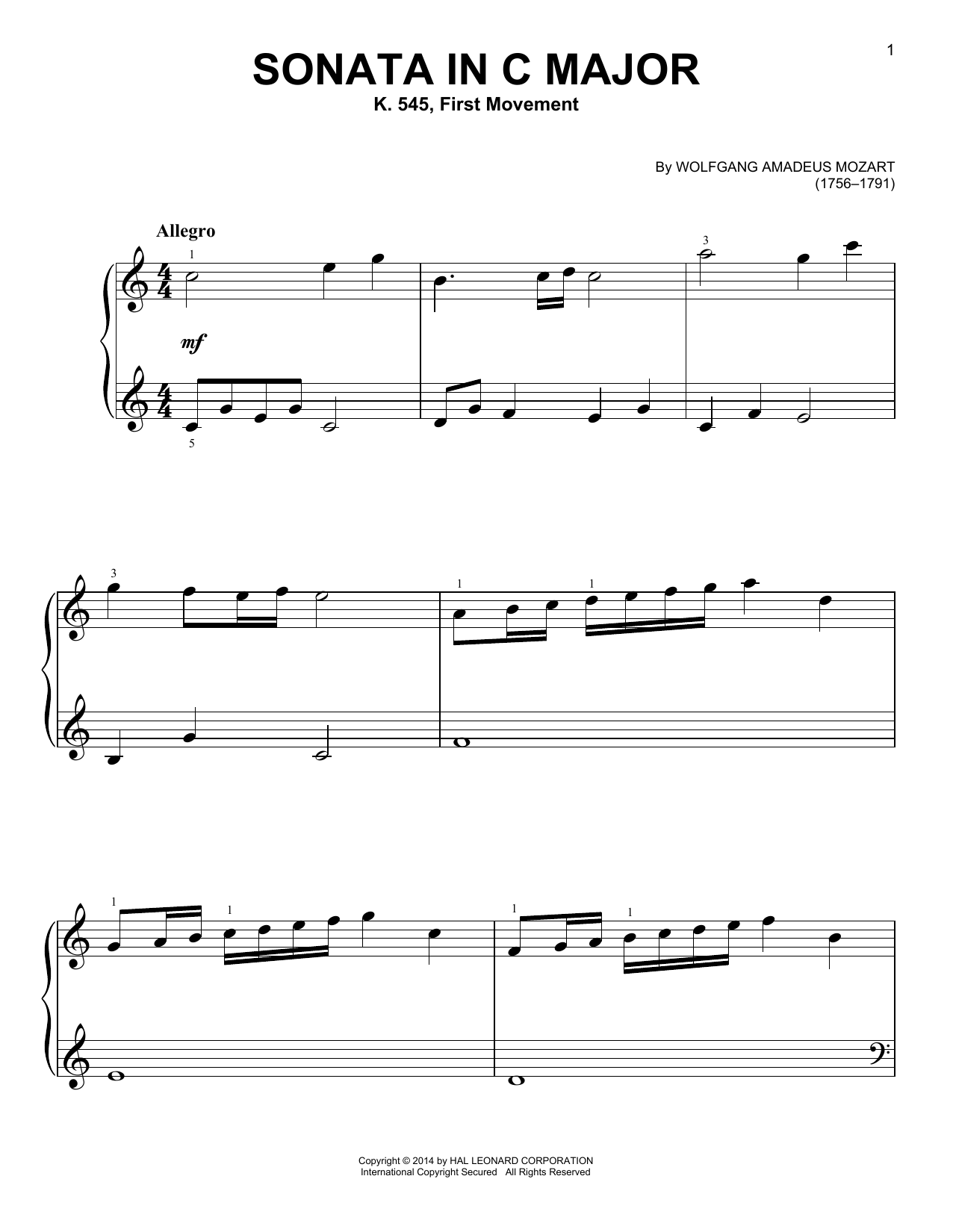 Download Wolfgang Amadeus Mozart Sonata in C Major, K. 545, First Moveme Sheet Music