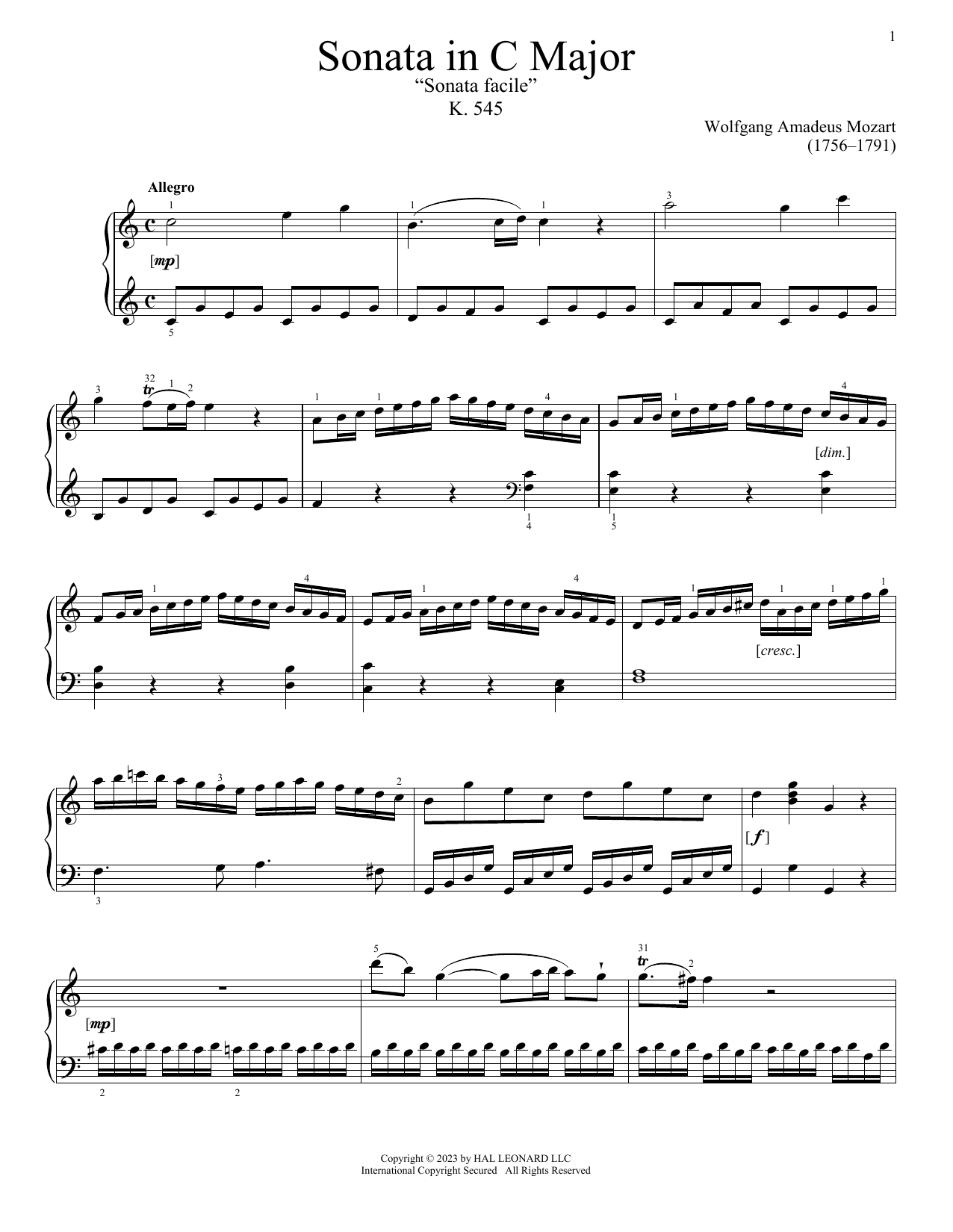 Download Wolfgang Amadeus Mozart Sonata In C Major, K. 545 Sheet Music