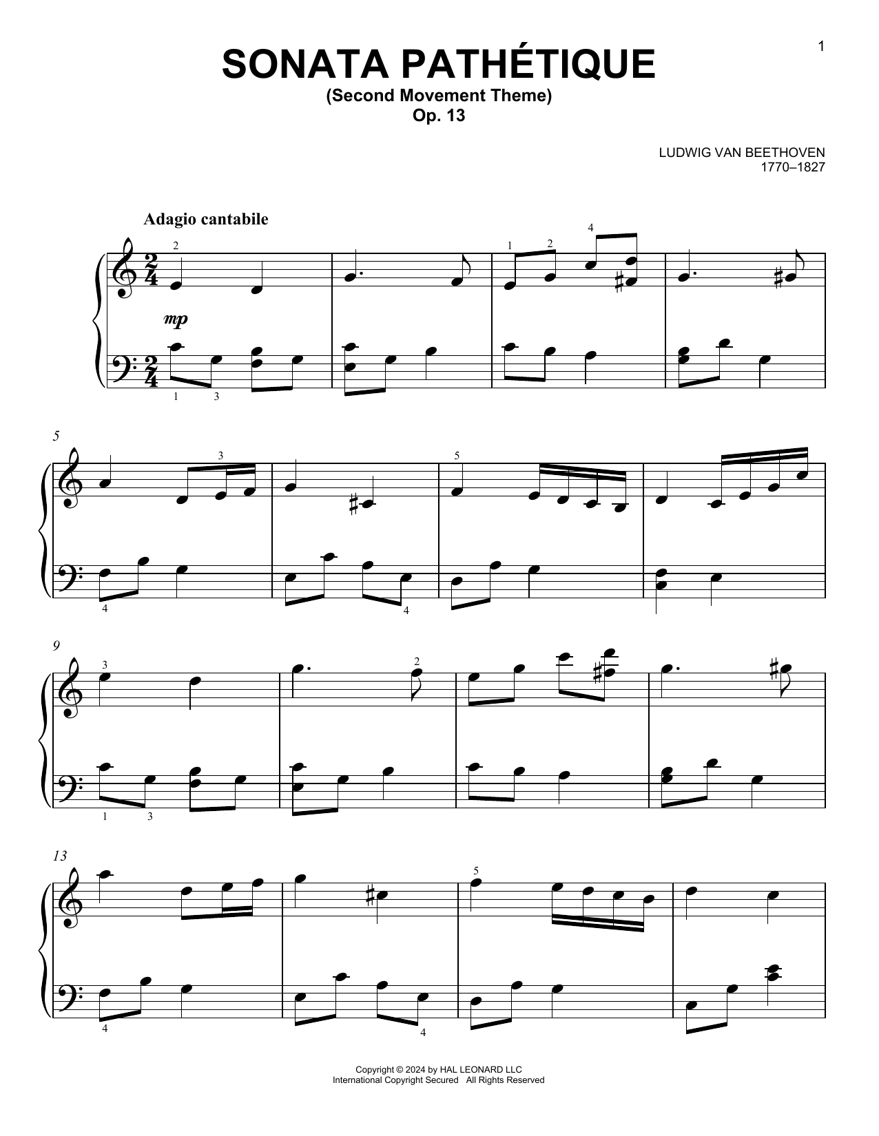Ludwig van Beethoven Sonata In C Minor, Op. 13 'Pathetique' (2nd Movement Theme) sheet music notes printable PDF score