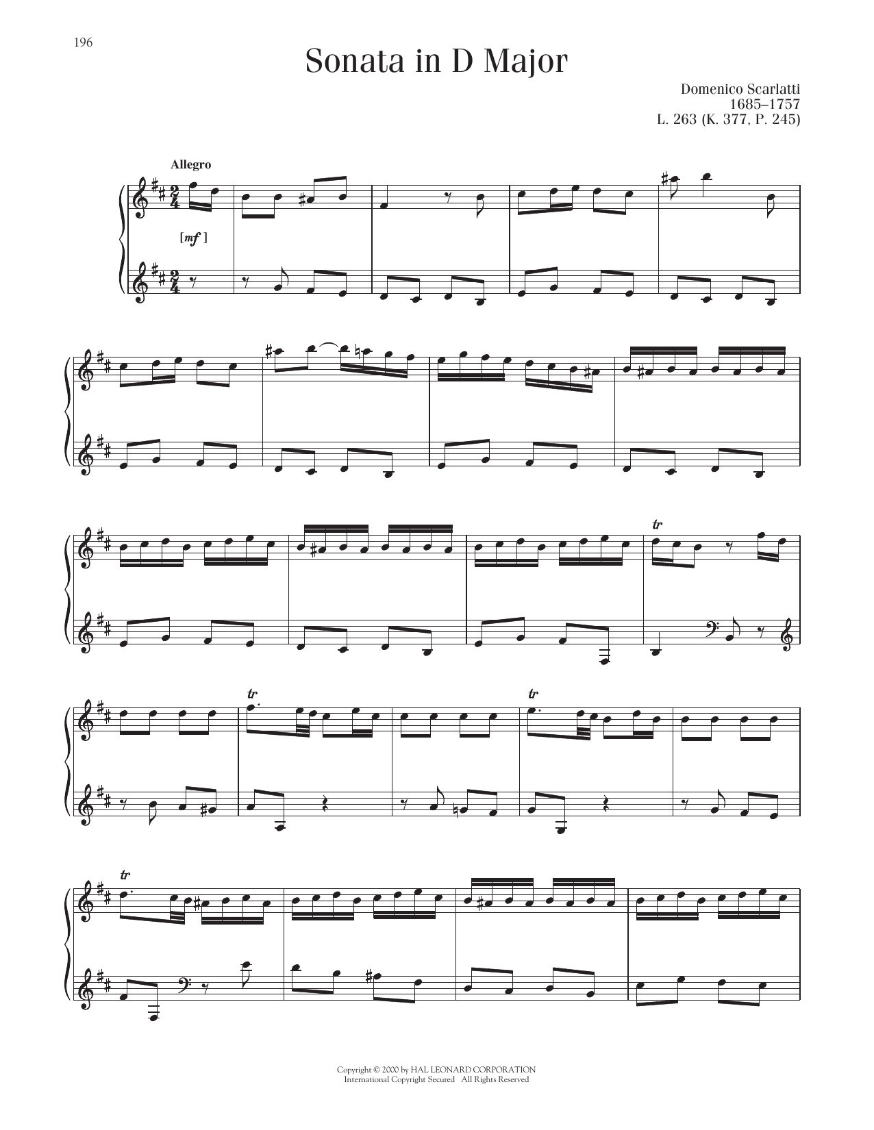 Domenico Scarlatti Sonata In D Major, K. 377 sheet music notes printable PDF score