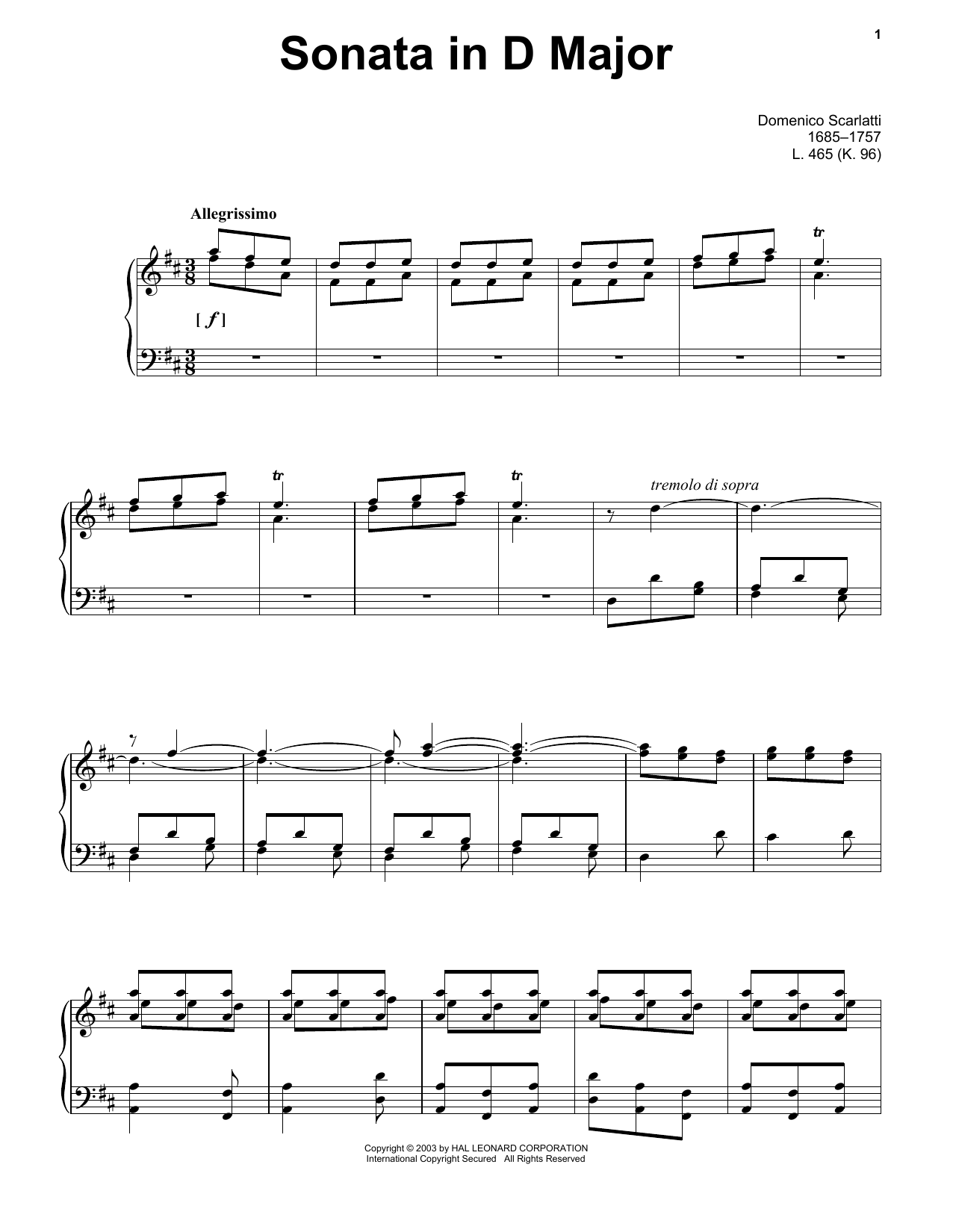 Domenico Scarlatti Sonata In D Major, K. 96 sheet music notes printable PDF score