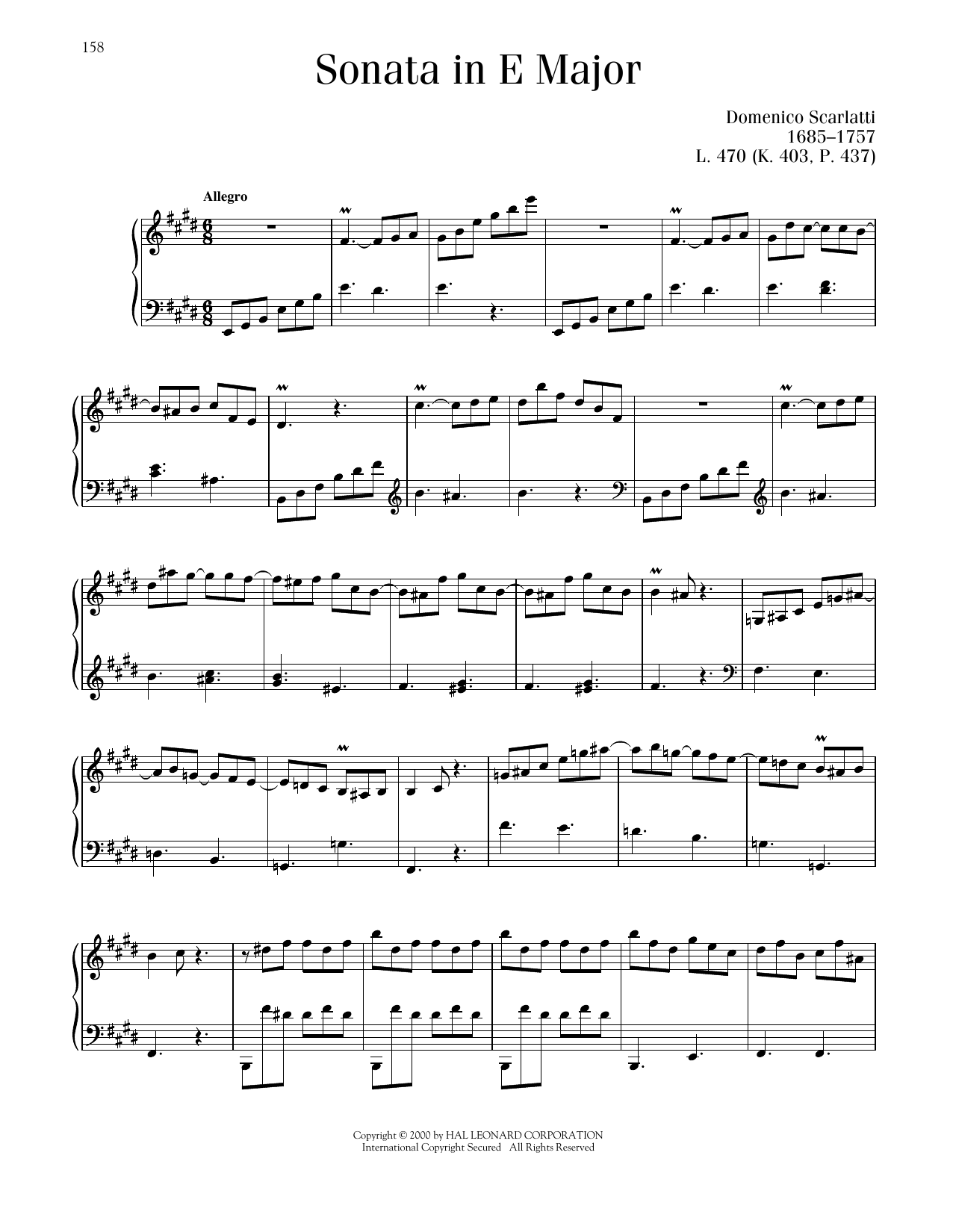 Domenico Scarlatti Sonata In E Major, K. 403 sheet music notes printable PDF score