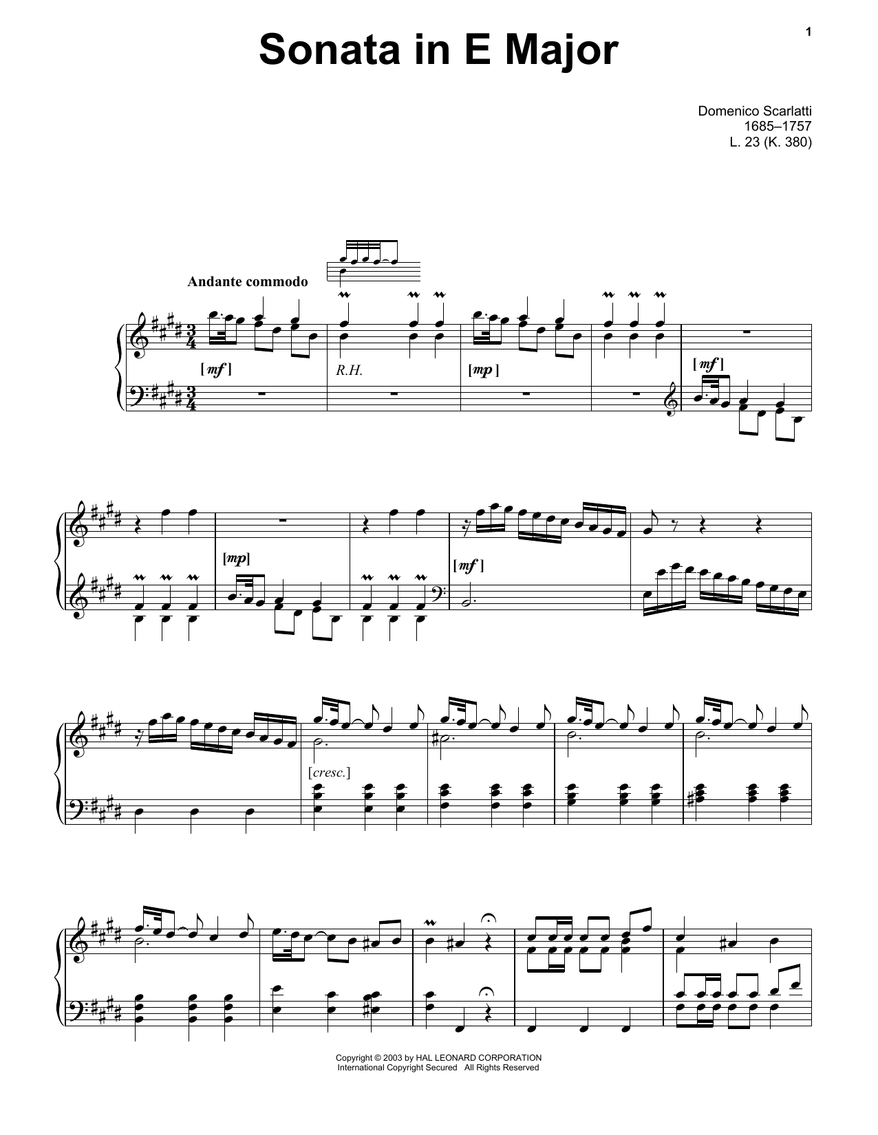 Download Domenico Scarlatti Sonata In E Major, L. 23 Sheet Music