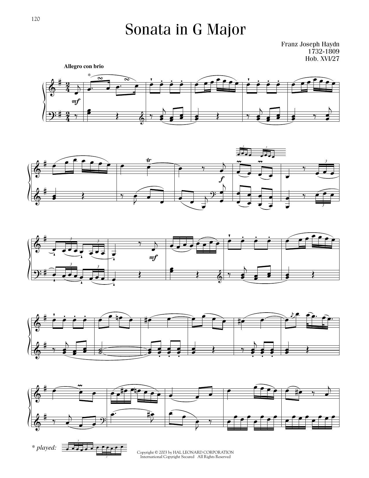 Franz Joseph Haydn Sonata In G Major, Hob. XVI: 27 sheet music notes printable PDF score