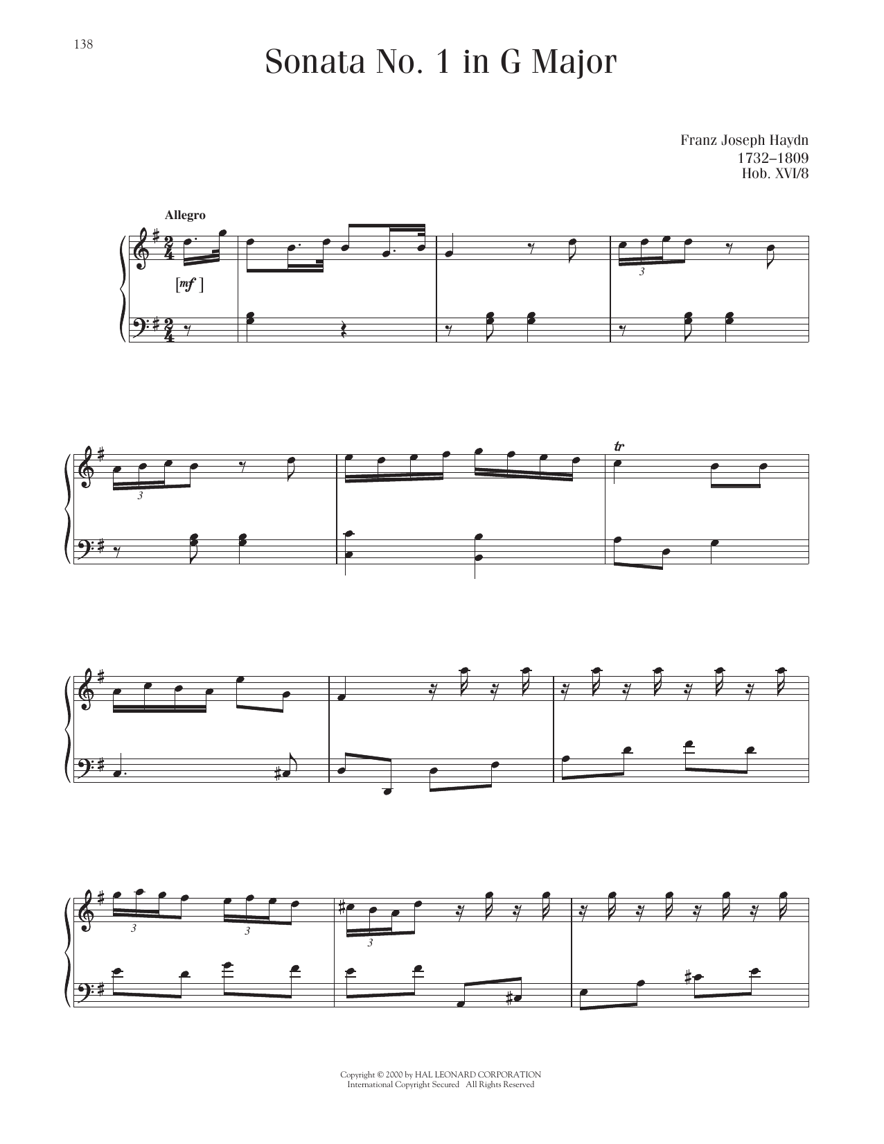Franz Joseph Haydn Sonata In G Major, Hob. XVI: 8 sheet music notes printable PDF score
