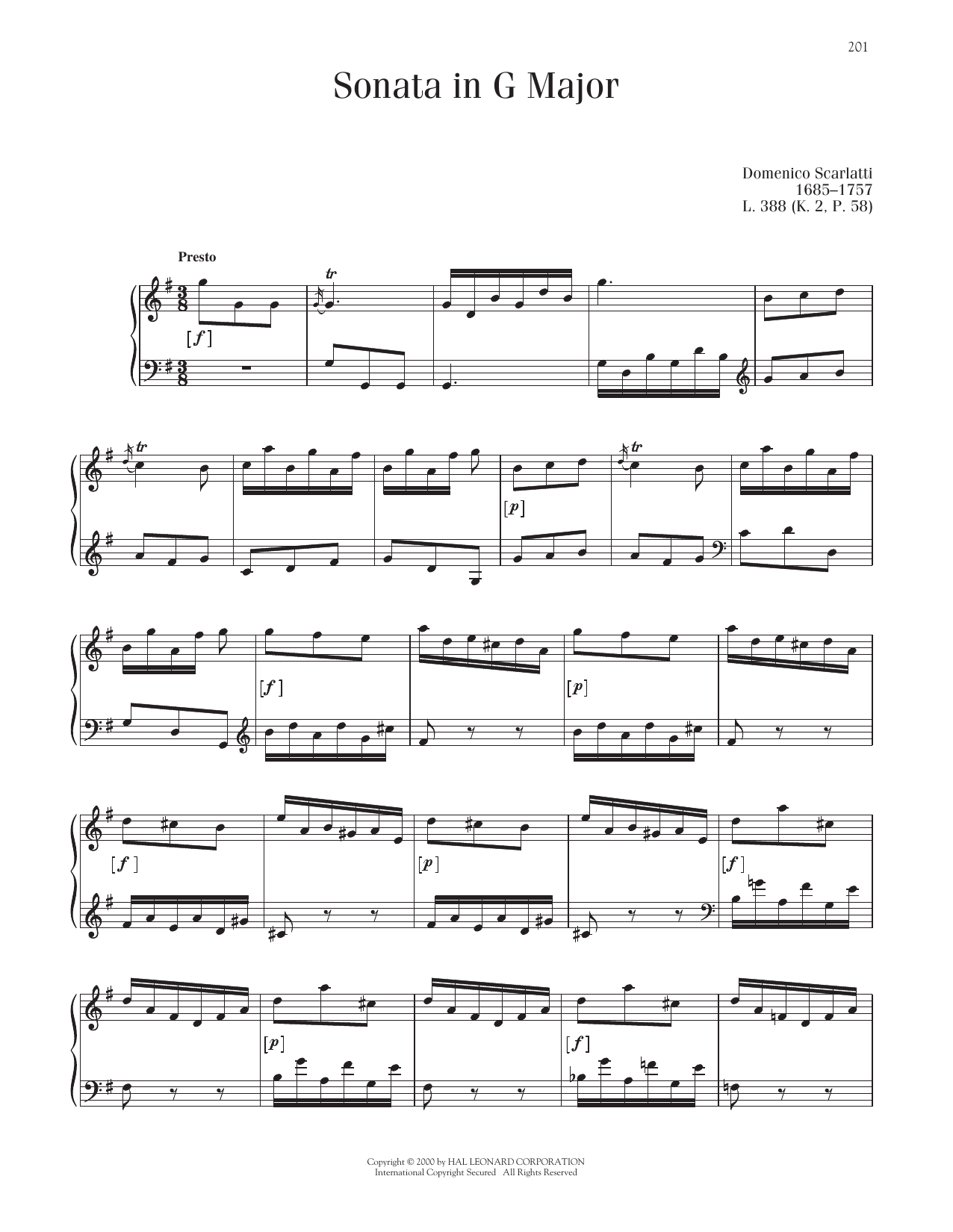 Domenico Scarlatti Sonata In G Major, K. 2 sheet music notes printable PDF score