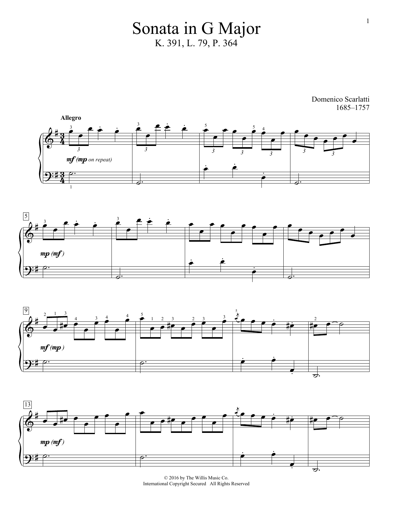 Download Domenico Scarlatti Sonata In G Major, K. 391, L. 79, P. 36 Sheet Music
