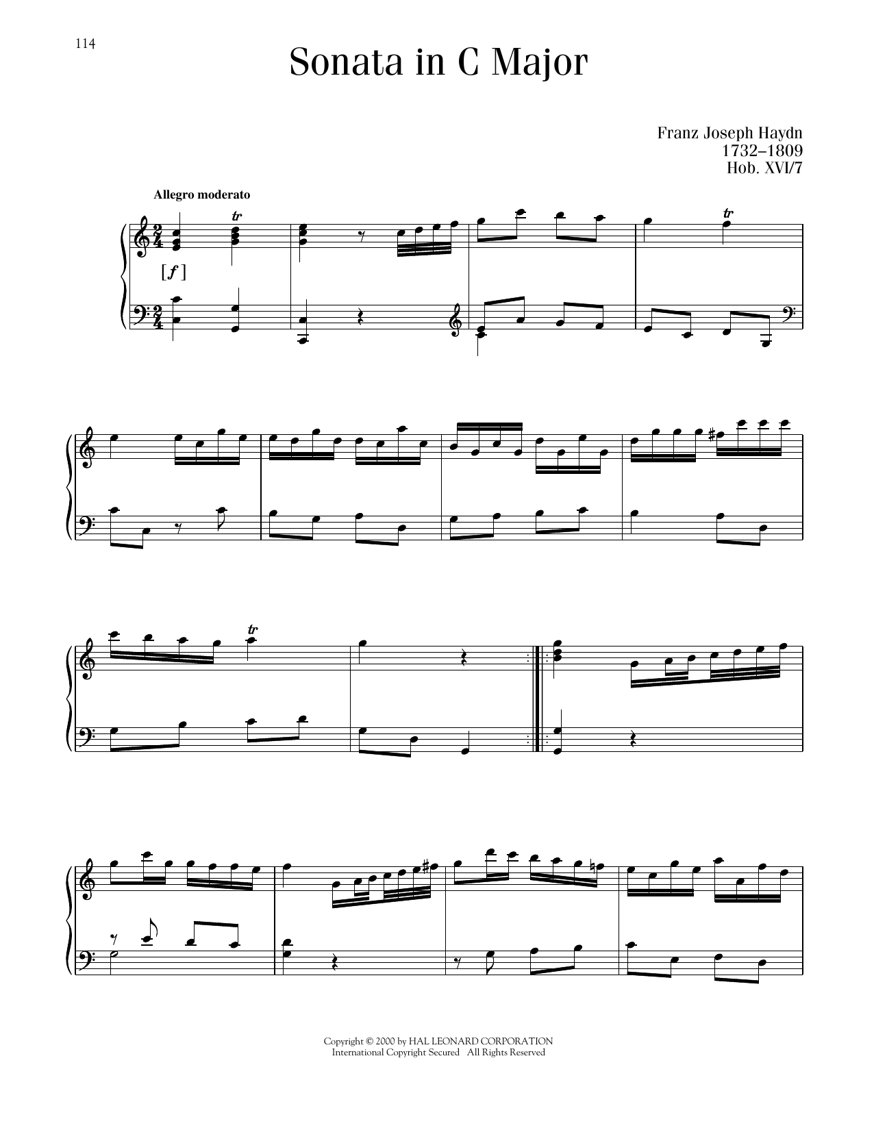 Franz Joseph Haydn Sonata No. 2 In C Major sheet music notes printable PDF score
