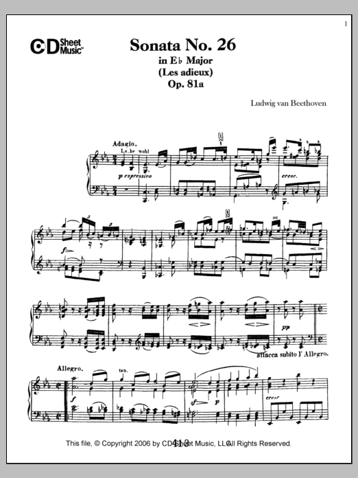Download Ludwig van Beethoven Sonata No. 26 In E-flat Major (les Adie Sheet Music