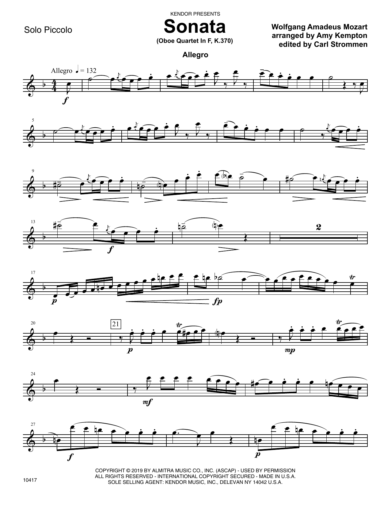 Download Wolfgang Amadeus Mozart Sonata (Oboe Quartet In F, K. 370) (arr Sheet Music