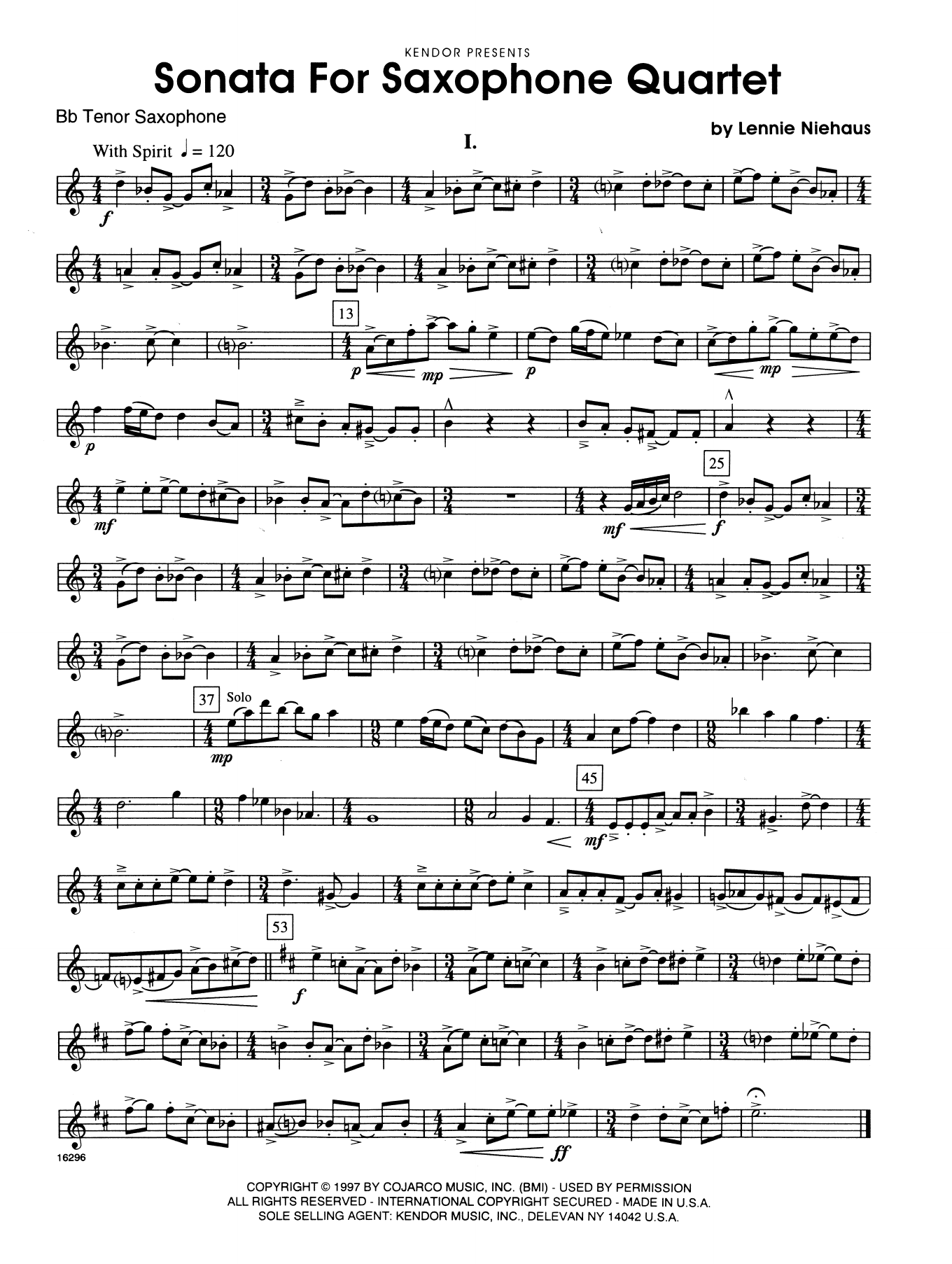 Download Lennie Niehaus Sonata For Saxophone Quartet - Bb Tenor Sheet Music