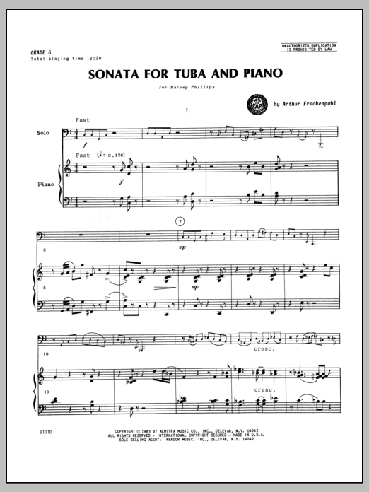 Download Arthur Frackenpohl Sonata for Tuba and Piano - Piano Sheet Music