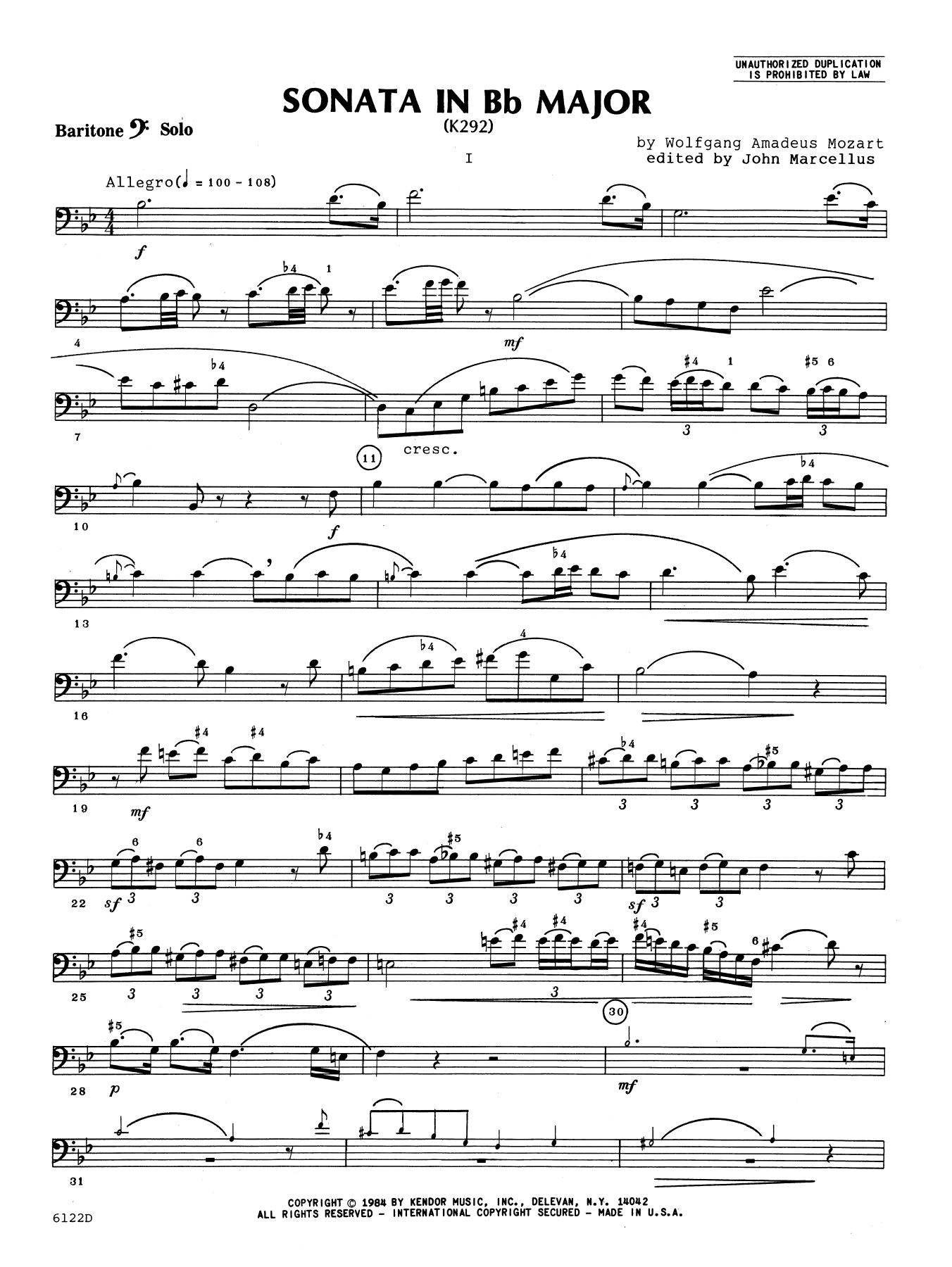 Download John Marcellus Sonata In Bb Major (K292) - Baritone B. Sheet Music