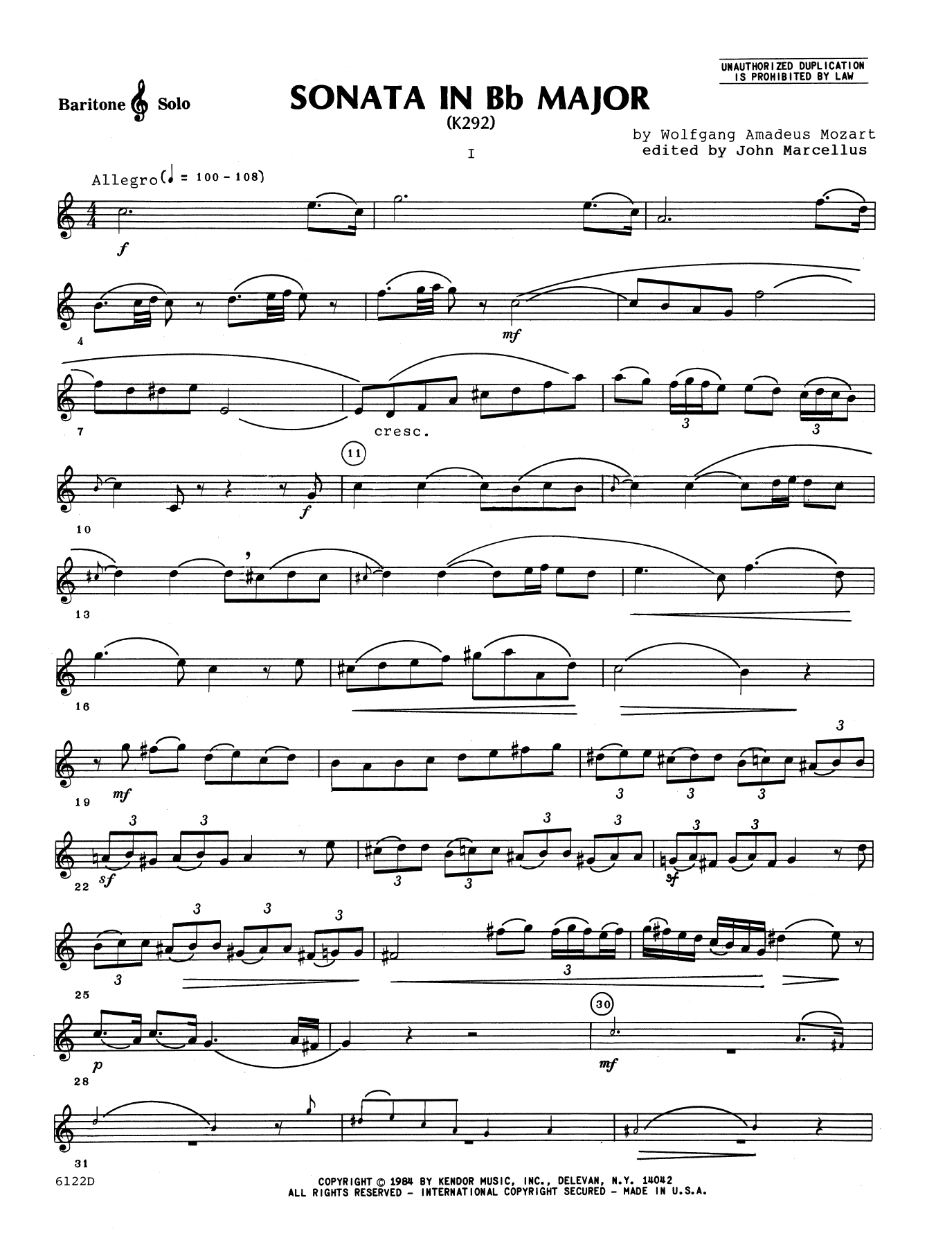 Download John Marcellus Sonata In Bb Major (K292) - Baritone T. Sheet Music