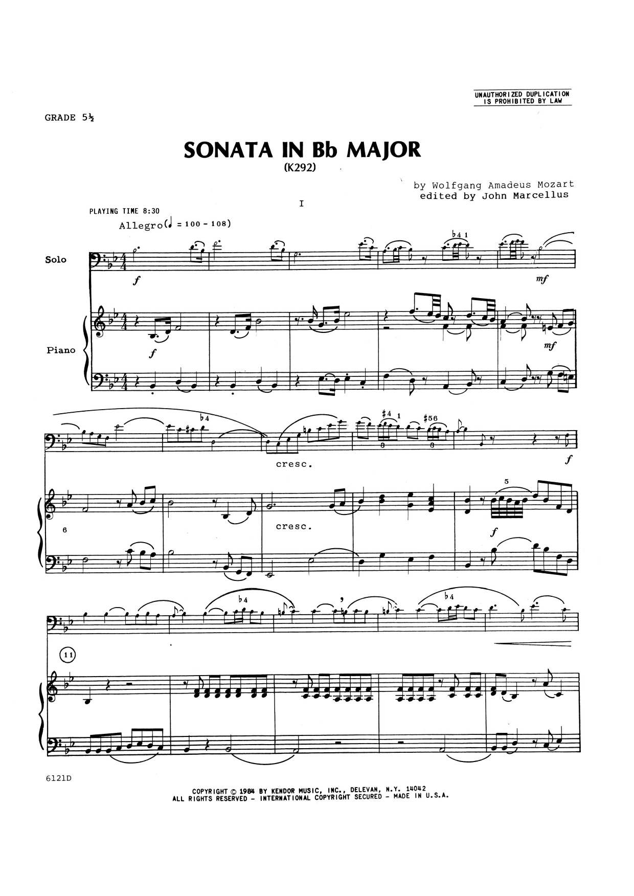 Download John Marcellus Sonata In Bb Major (K292) - Piano Accom Sheet Music