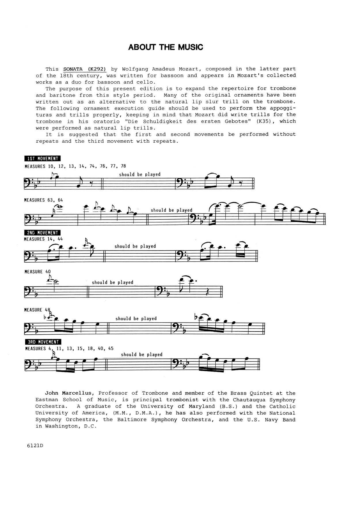 Download John Marcellus Sonata In Bb Major (K292) - Trombone Sheet Music