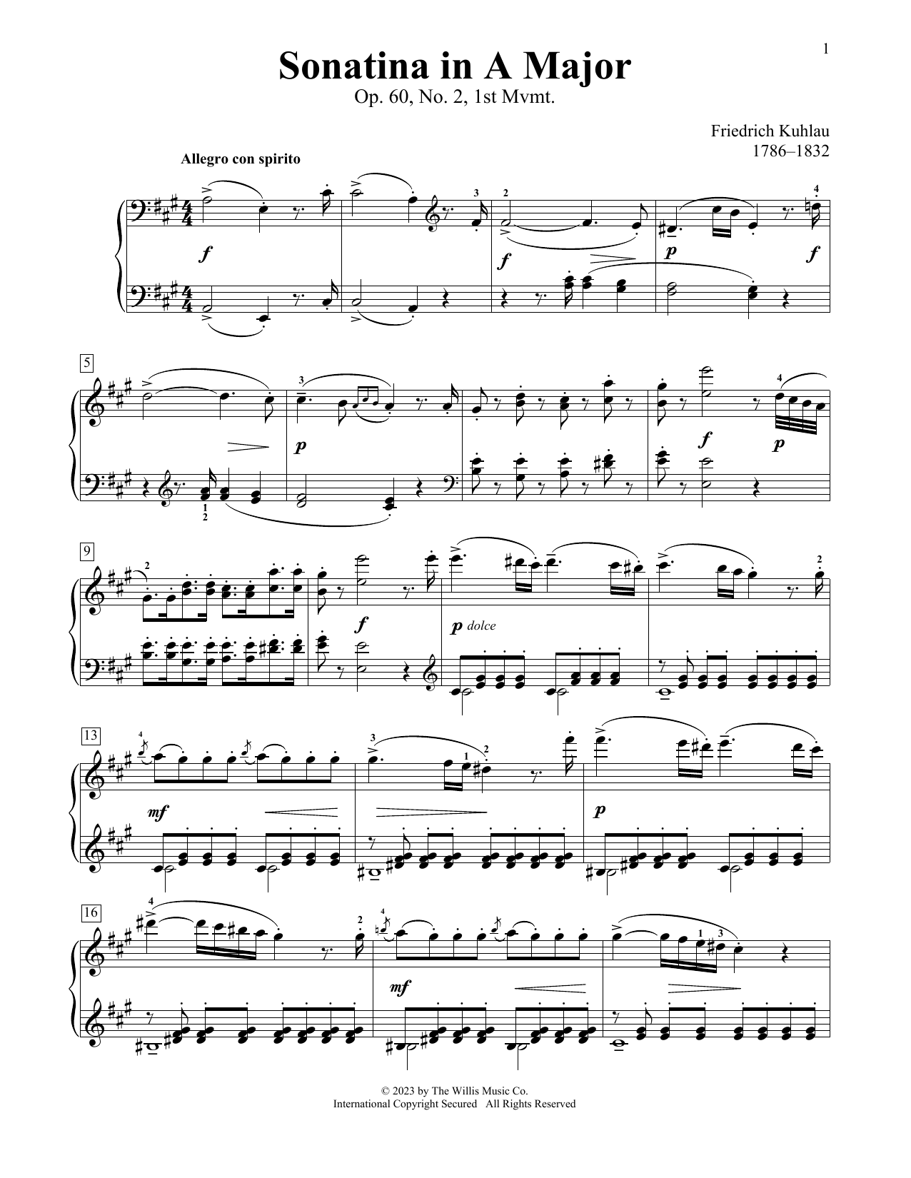 Frederic Kuhlau Sonatina In A Major, Op. 60, No. 2, 1st Mvmt sheet music notes printable PDF score