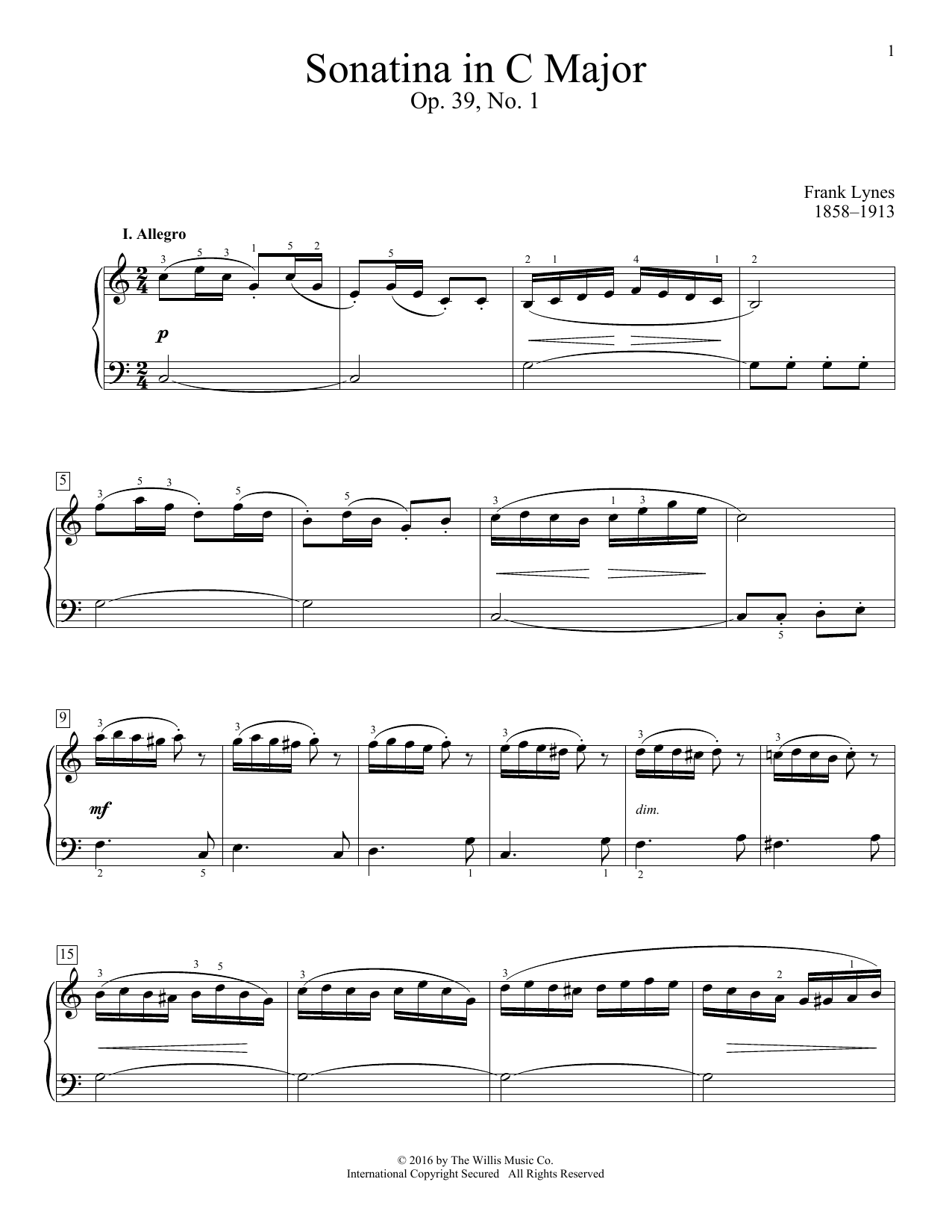 Download Frank Lynes Sonatina In C Major, Op. 39, No. 1 Sheet Music