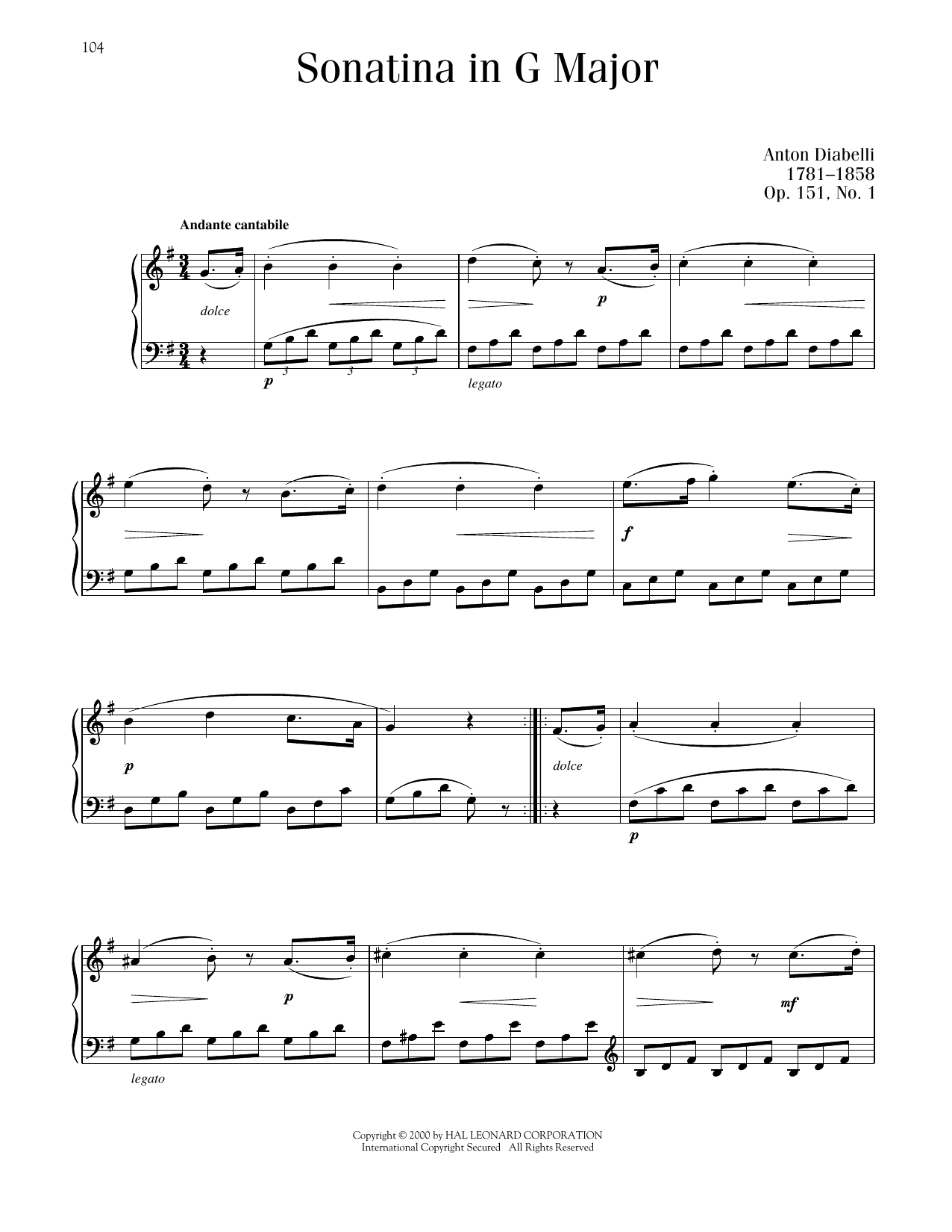 Anton Diabelli Sonatina In G Major, Op. 151, No. 1 sheet music notes printable PDF score