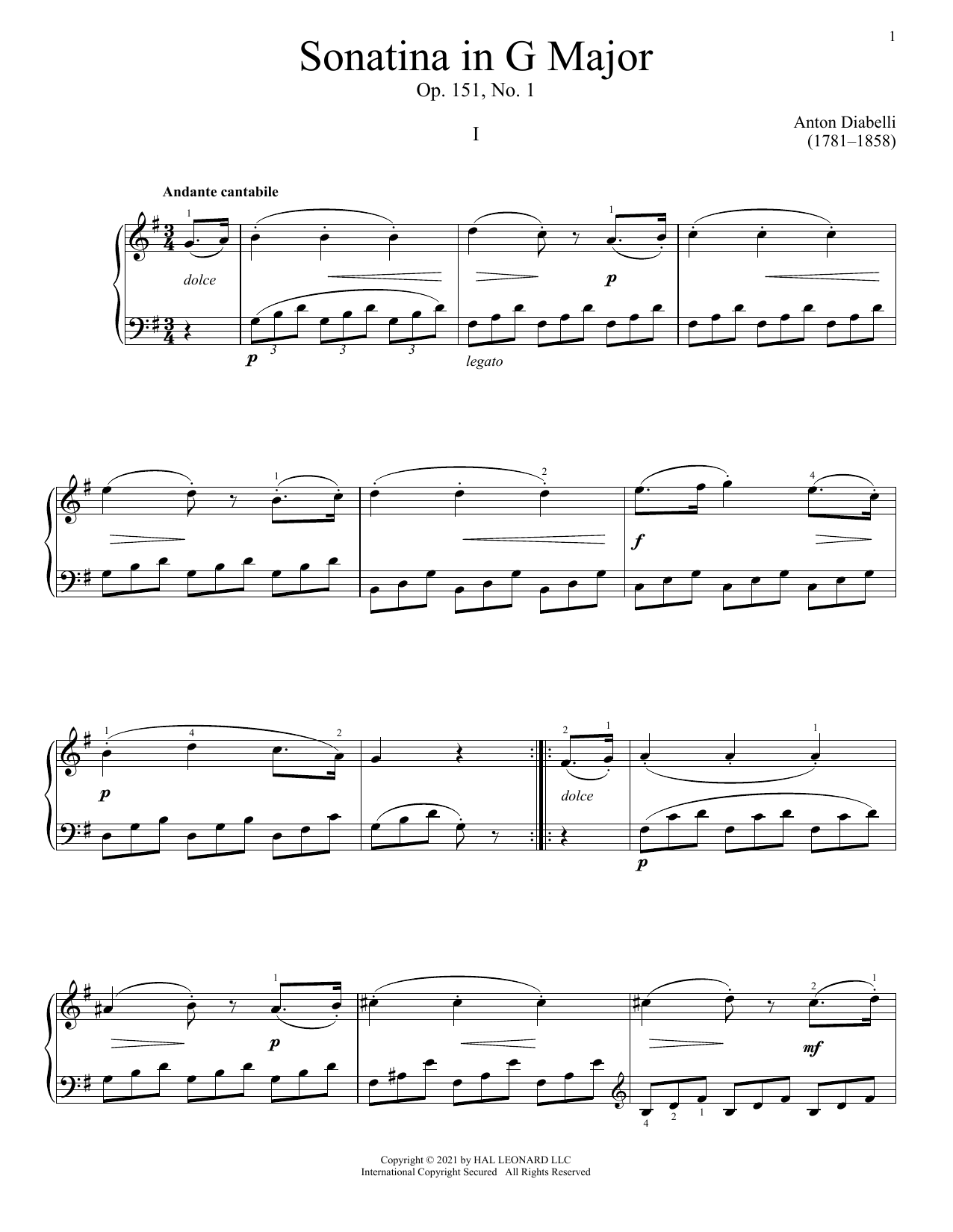 Download Anton Diabelli Sonatina In G Major, Op. 151, No. 1 Sheet Music
