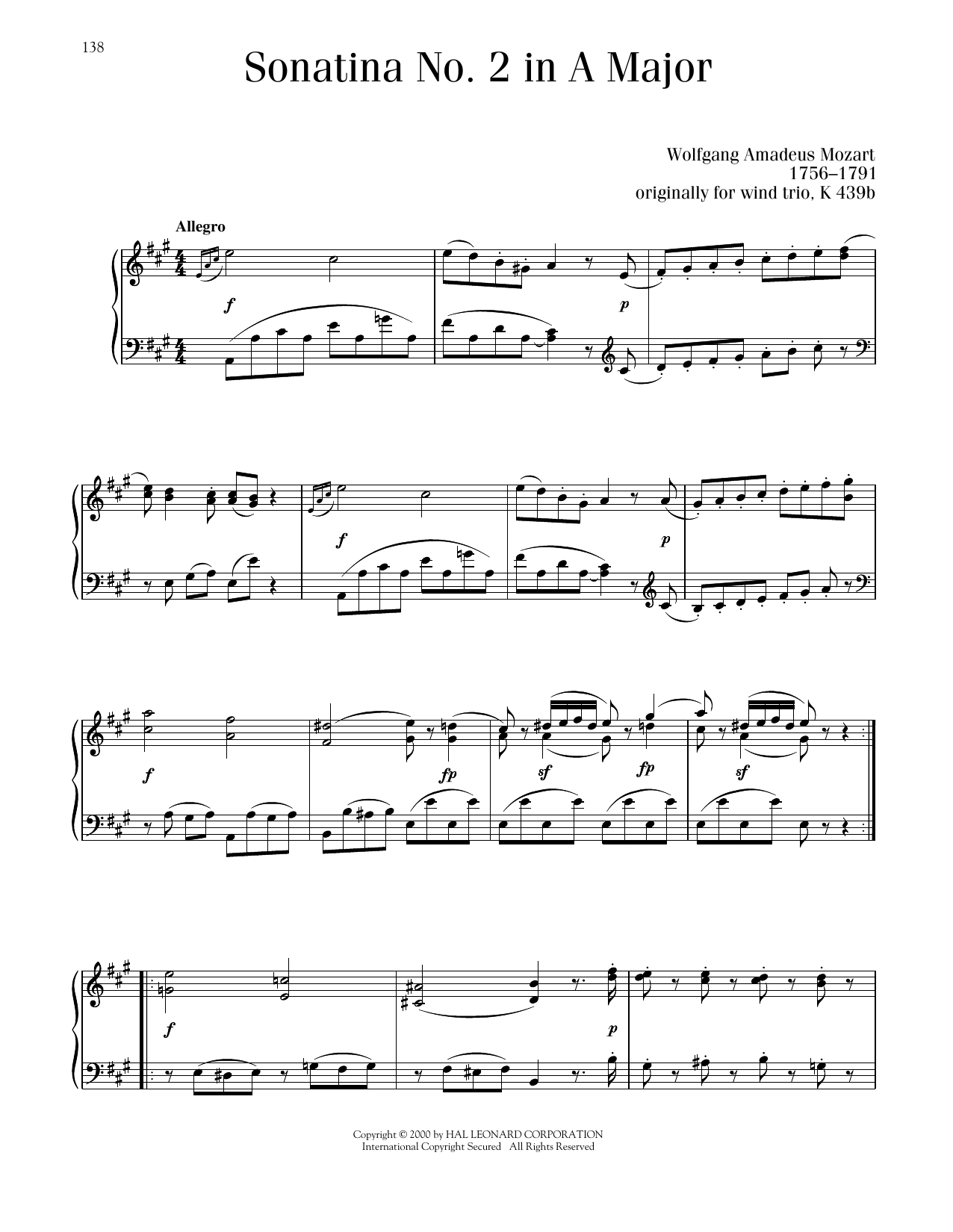 Wolfgang Amadeus Mozart Sonatina No. 2 In A Major sheet music notes printable PDF score