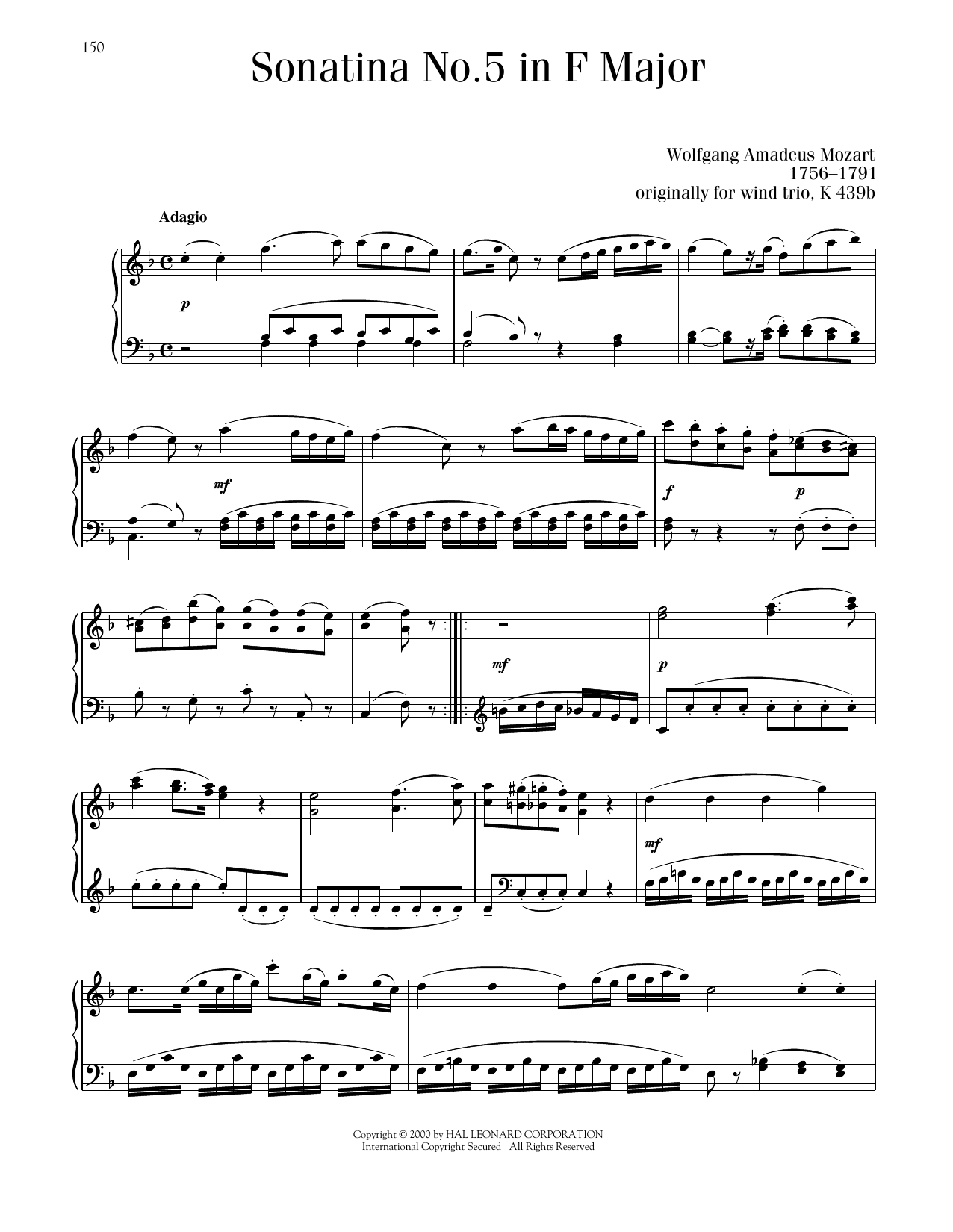 Wolfgang Amadeus Mozart Sonatina No. 5 In F Major sheet music notes printable PDF score