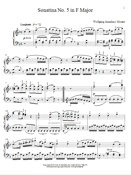 Download Wolfgang Amadeus Mozart Sonatina No. 5 In F Major Sheet Music