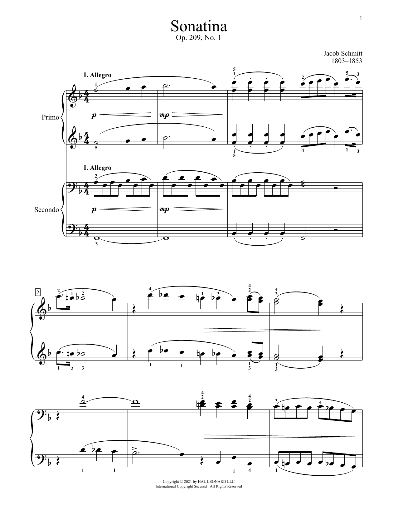 Download Jacob Schmitt Sonatina, Op. 209, No. 1, I. Allegro Sheet Music