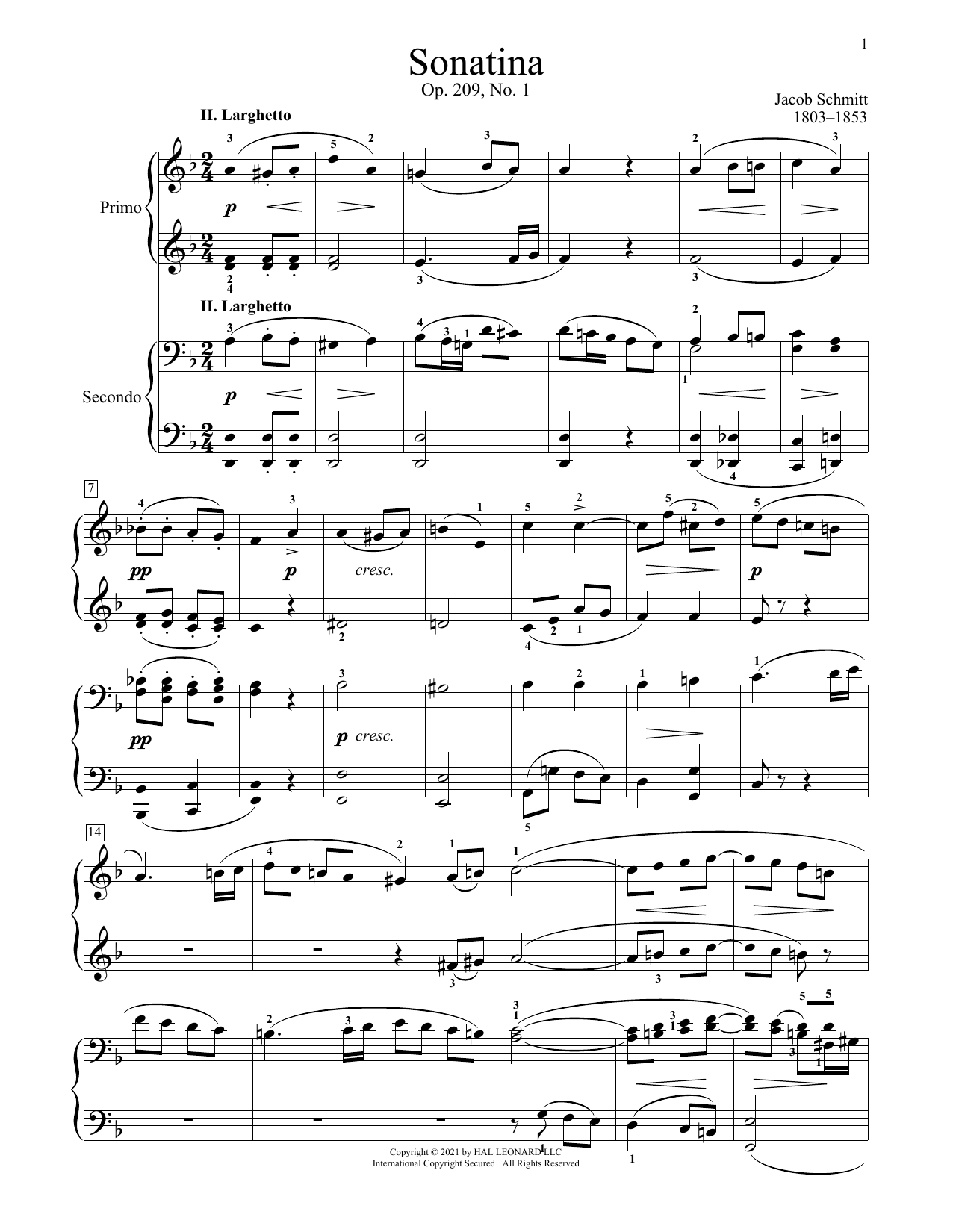 Download Jacob Schmitt Sonatina, Op. 209, No. 1, II. Larghetto Sheet Music