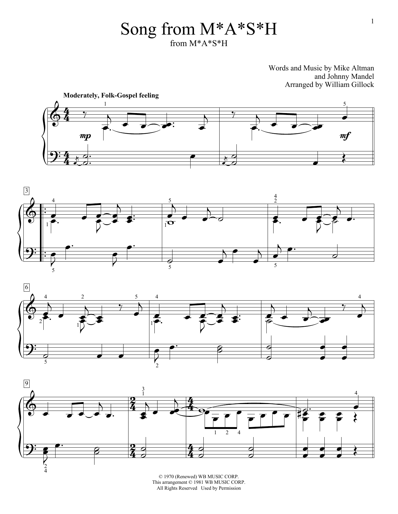 Download Johnny Mandel Song From M*A*S*H (Suicide Is Painless) Sheet Music