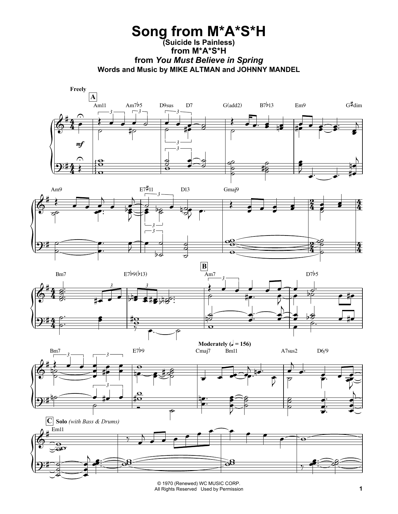 Download Bill Evans Song From M*A*S*H (Suicide Is Painless) Sheet Music