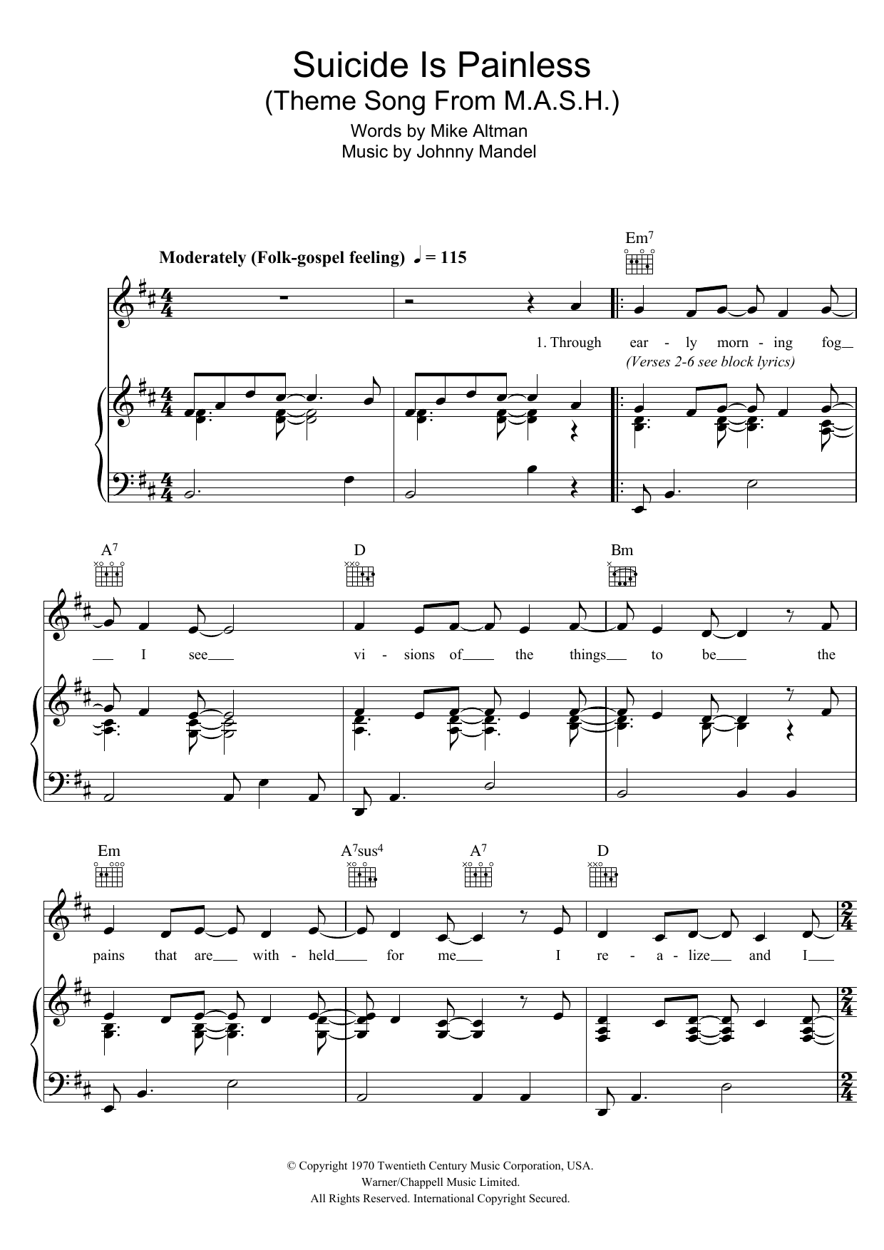 Download Johnny Mandel Song From M*A*S*H (Suicide Is Painless) Sheet Music
