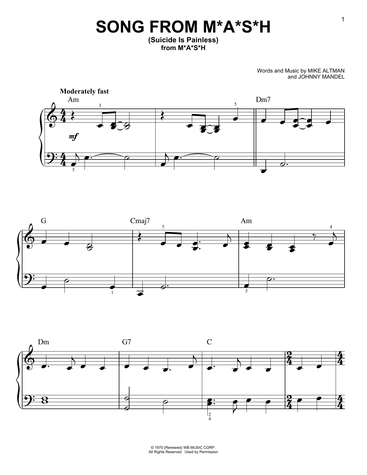 Download Mike Altman and Johnny Mandel Song From M*A*S*H (Suicide Is Painless) Sheet Music