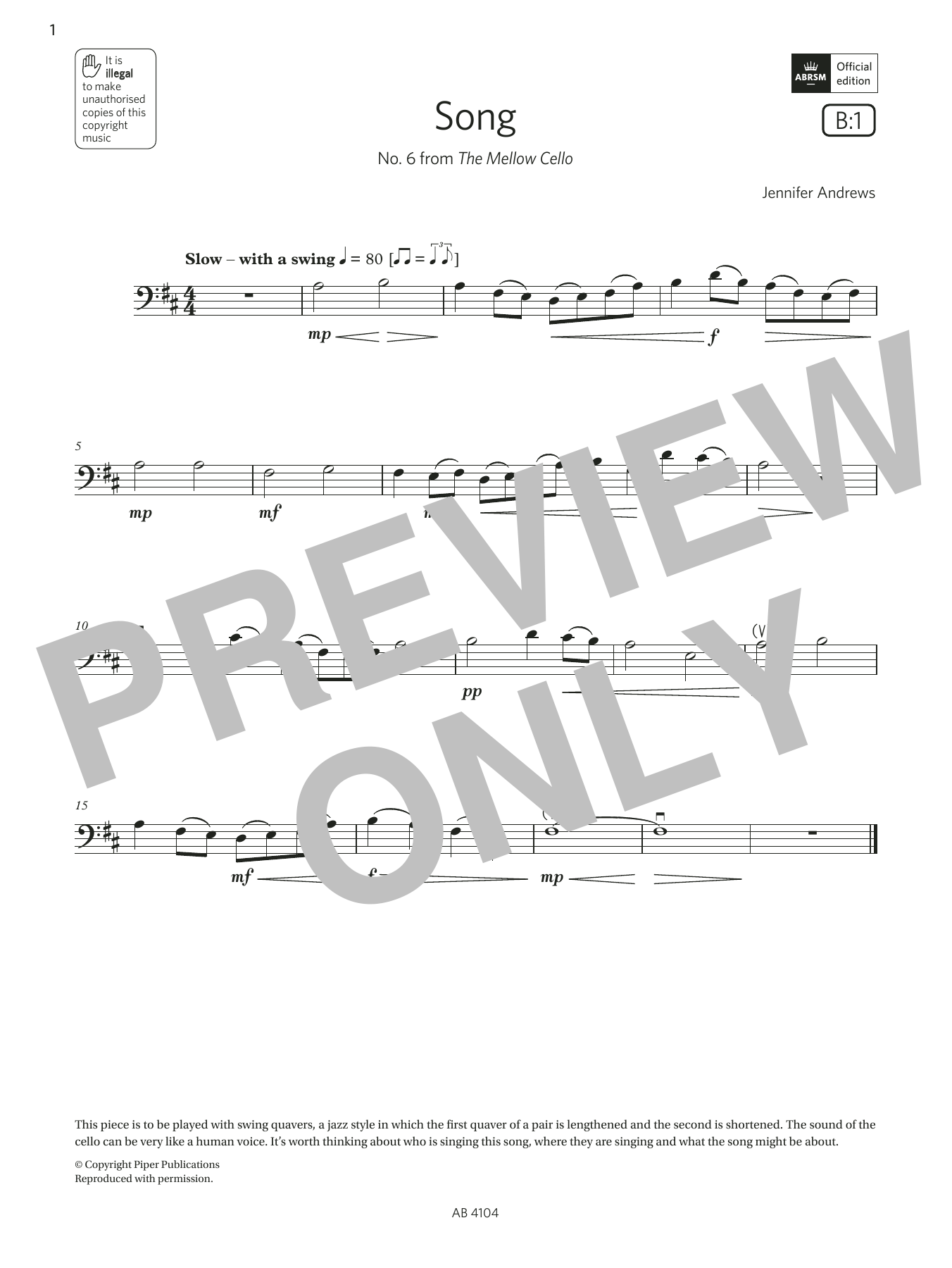 Download Jennifer Andrews Song (Grade 1, B1, from the ABRSM Cello Sheet Music