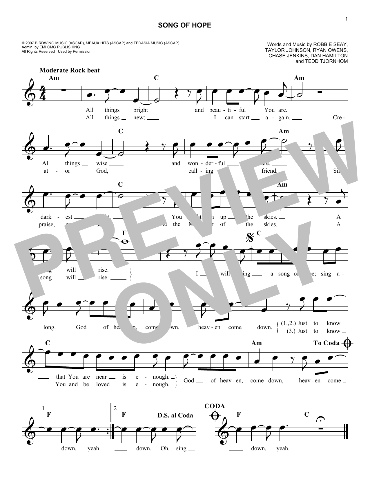 Download Robbie Seay Band Song Of Hope Sheet Music