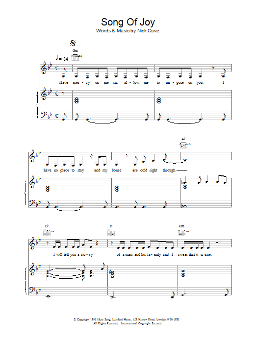 Download Nick Cave Song Of Joy Sheet Music