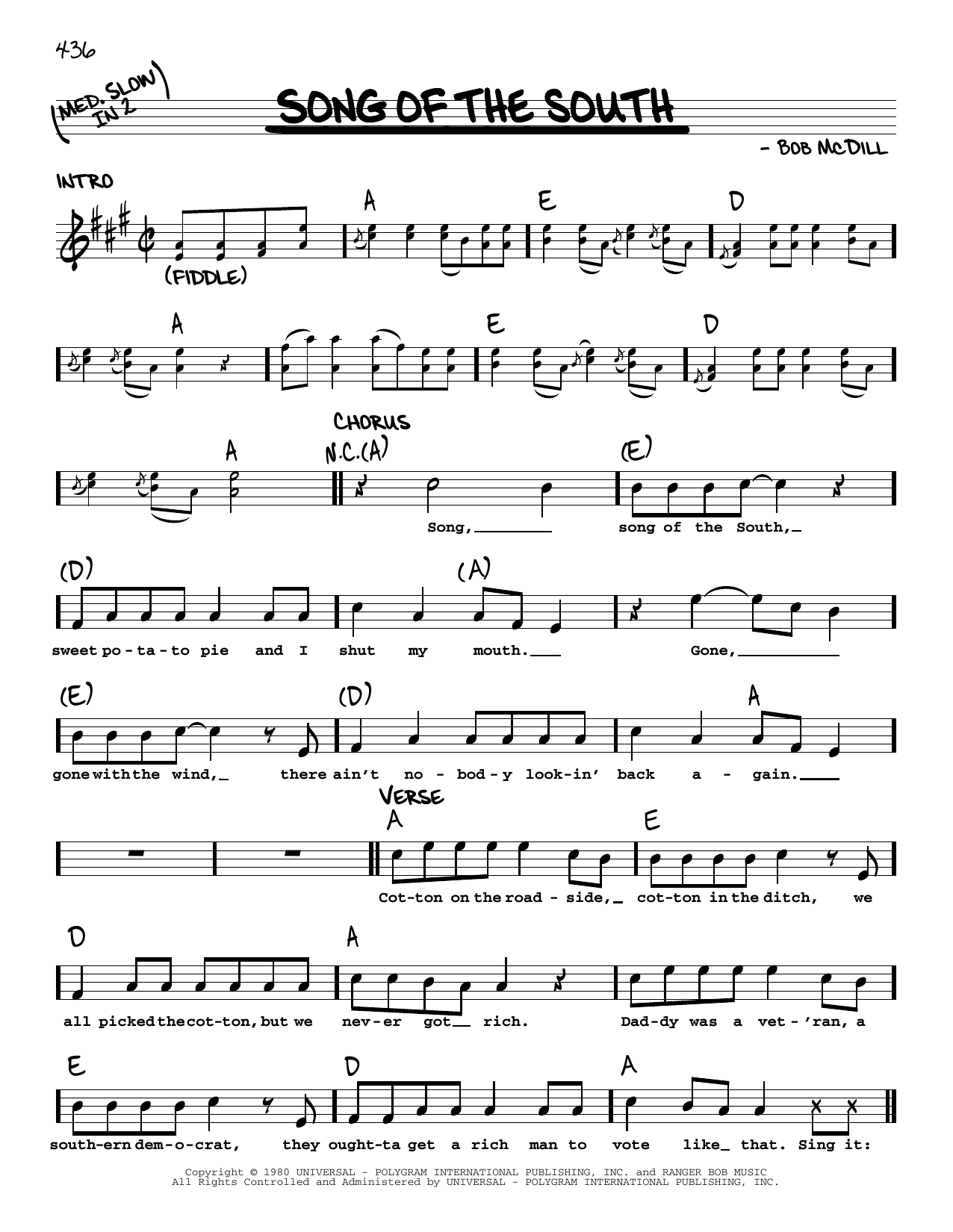 Download Alabama Song Of The South Sheet Music