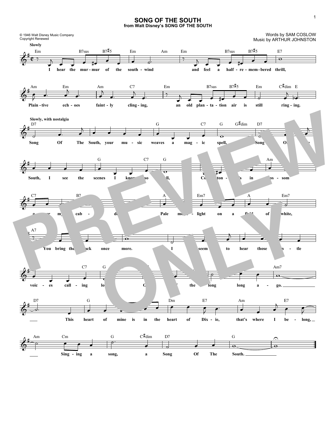 Download Sam Coslow Song Of The South Sheet Music