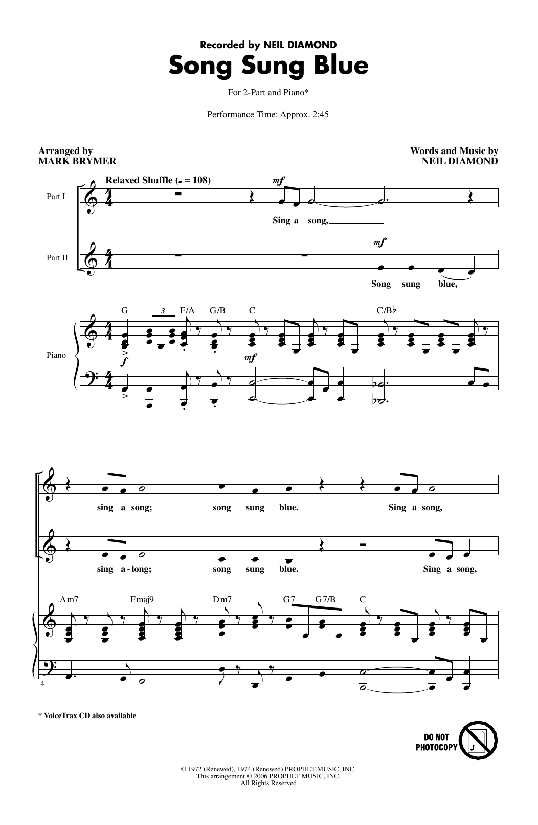Download Neil Diamond Song Sung Blue (arr. Mark Brymer) Sheet Music