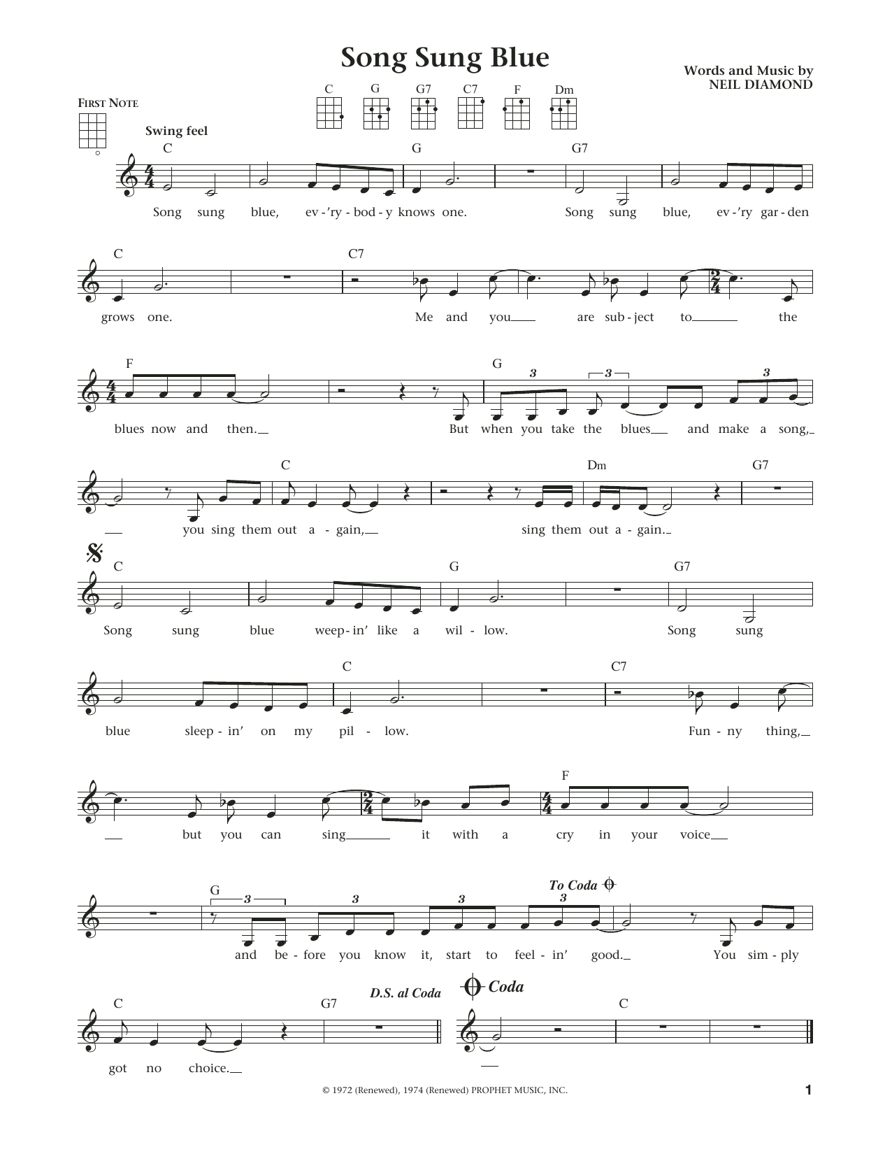 Download Neil Diamond Song Sung Blue (from The Daily Ukulele) Sheet Music