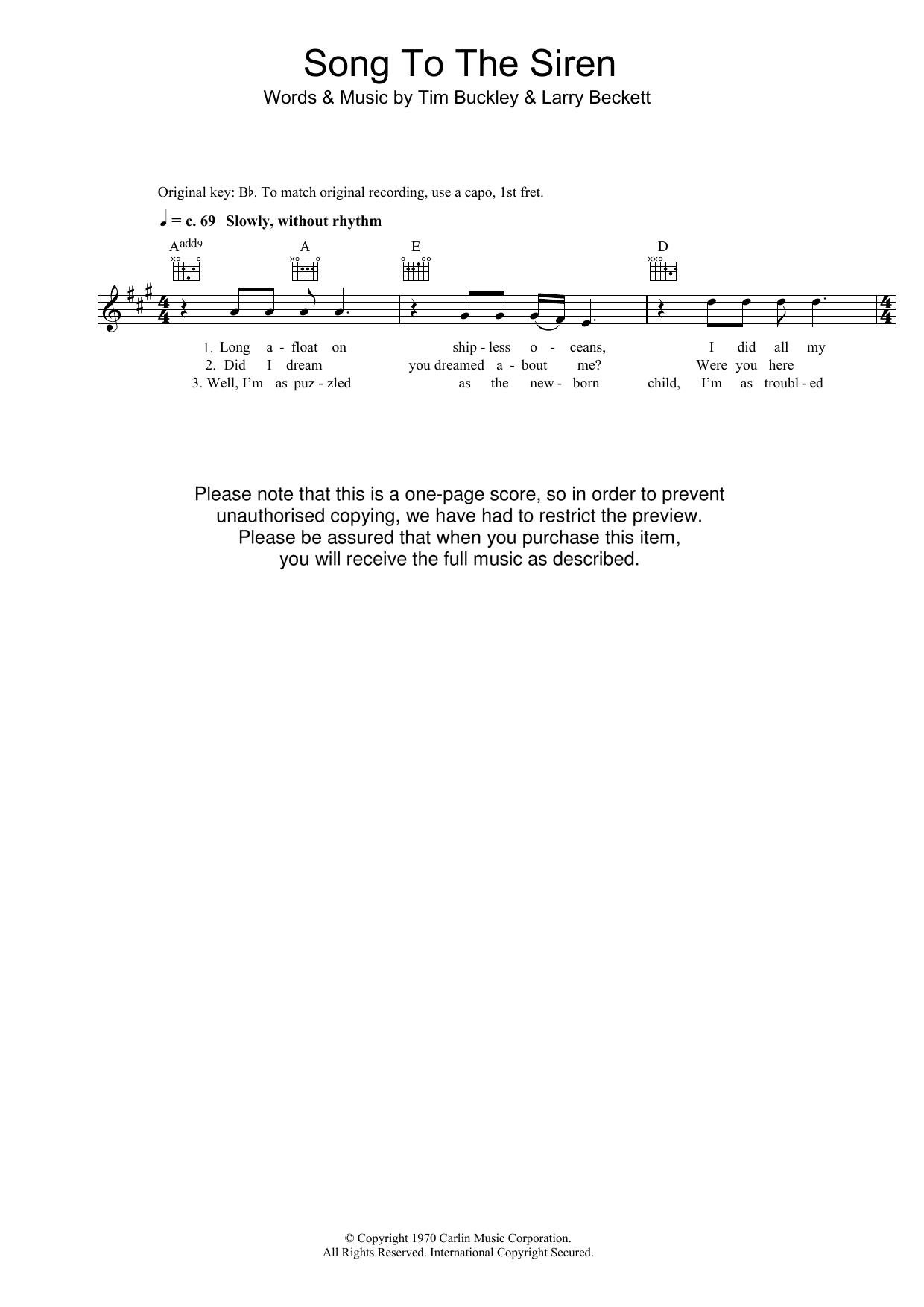Download Tim Buckley Song To The Siren Sheet Music