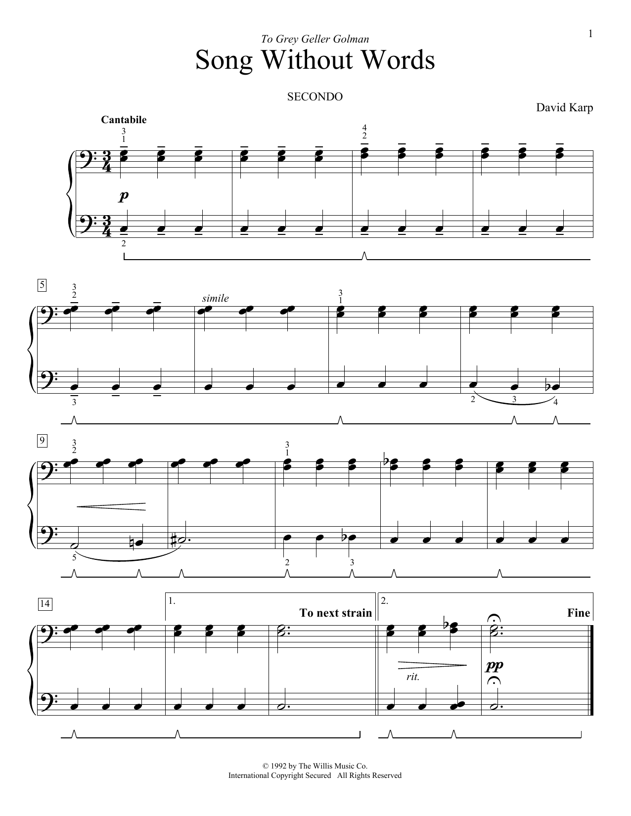 Download David Karp Song Without Words Sheet Music